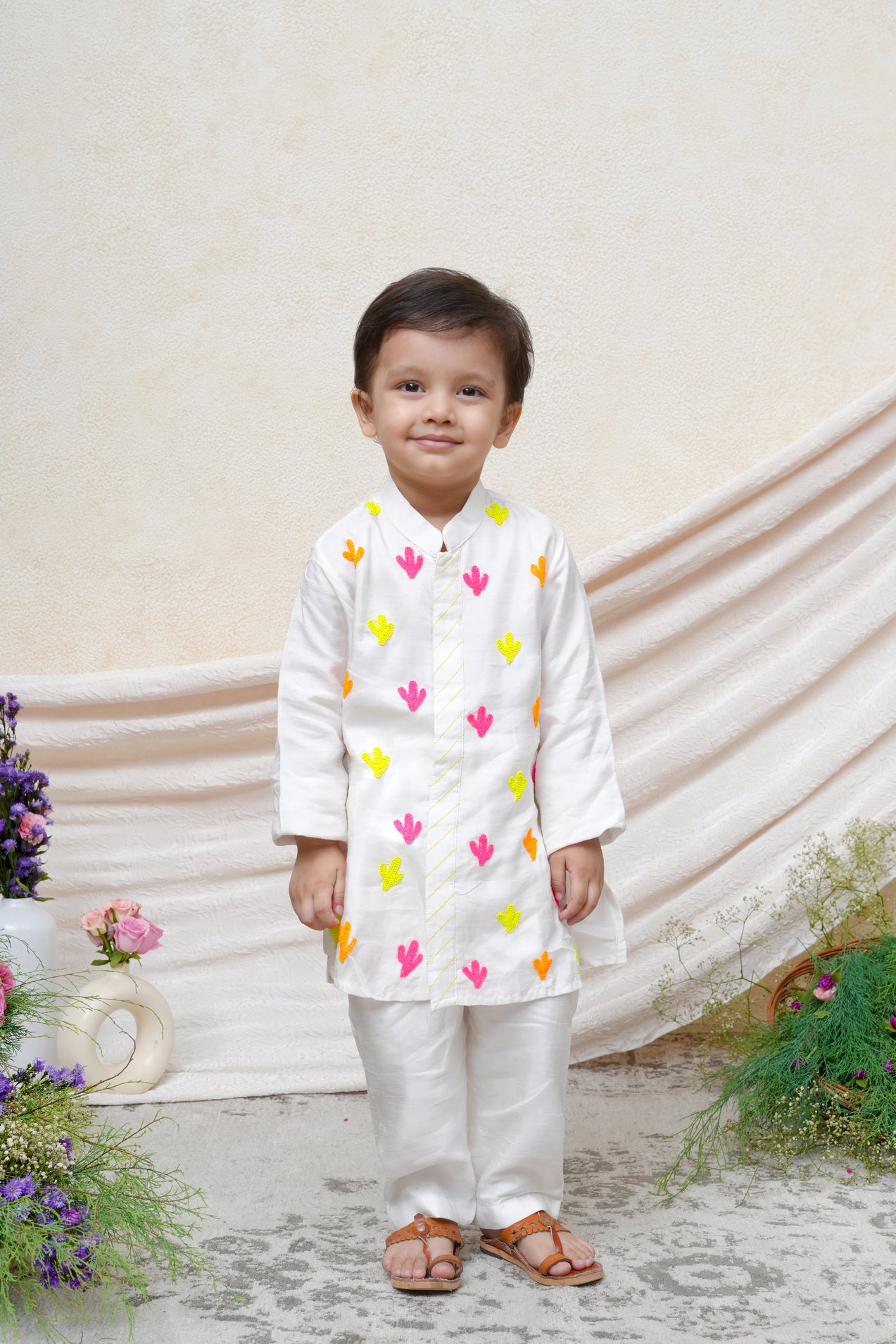 Multicolour Beaded Off White Kurta And Pant