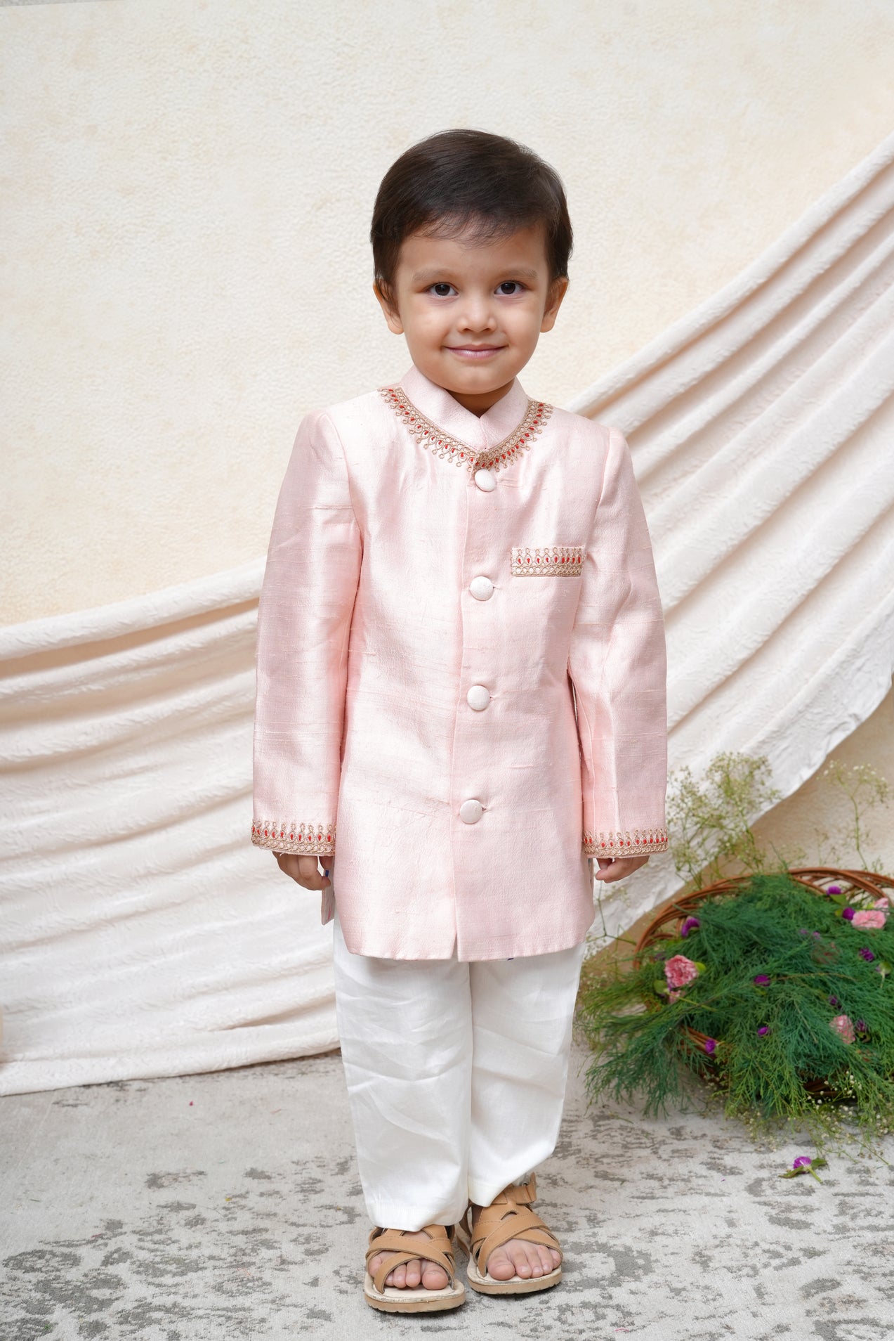 Zari and Thread Work Pink Sherwani Set