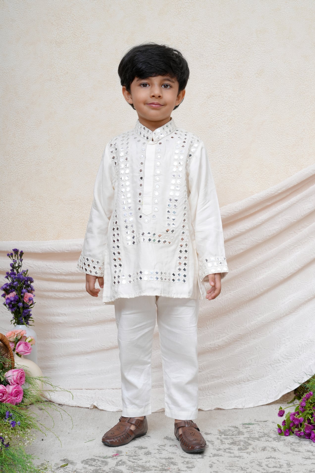 Off White mirror Embroidered Kurta and Pant