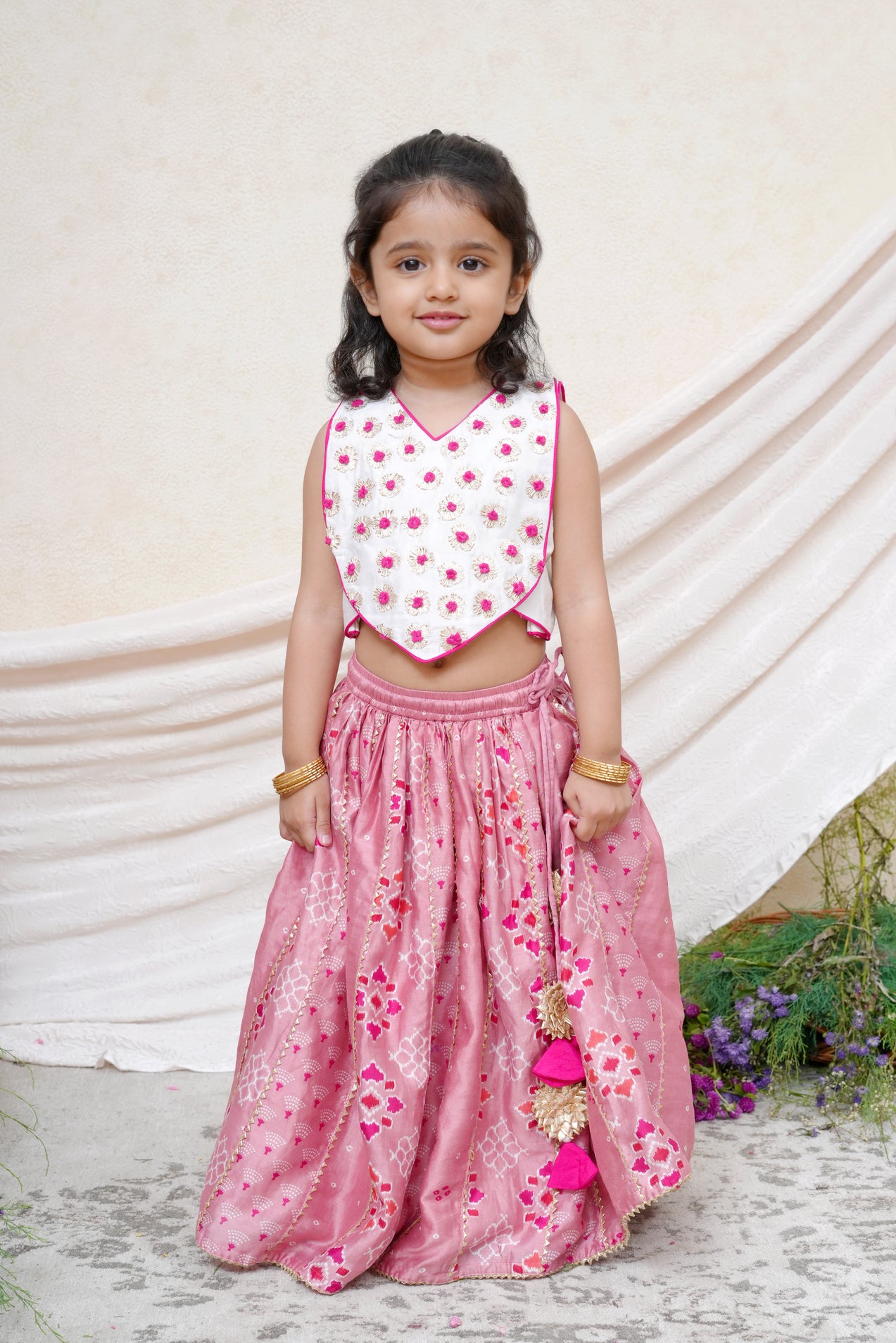 Off White Gota Embroidered Blouse with Dust Pink Chanderi Printed Gota Ghaghra