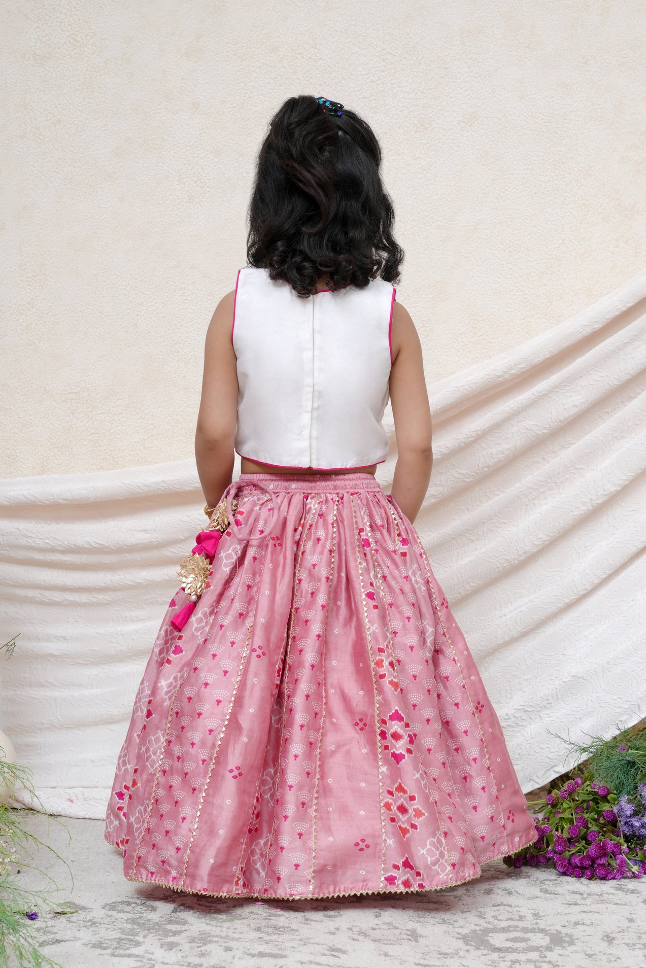Off White Gota Embroidered Blouse with Dust Pink Chanderi Printed Gota Ghaghra