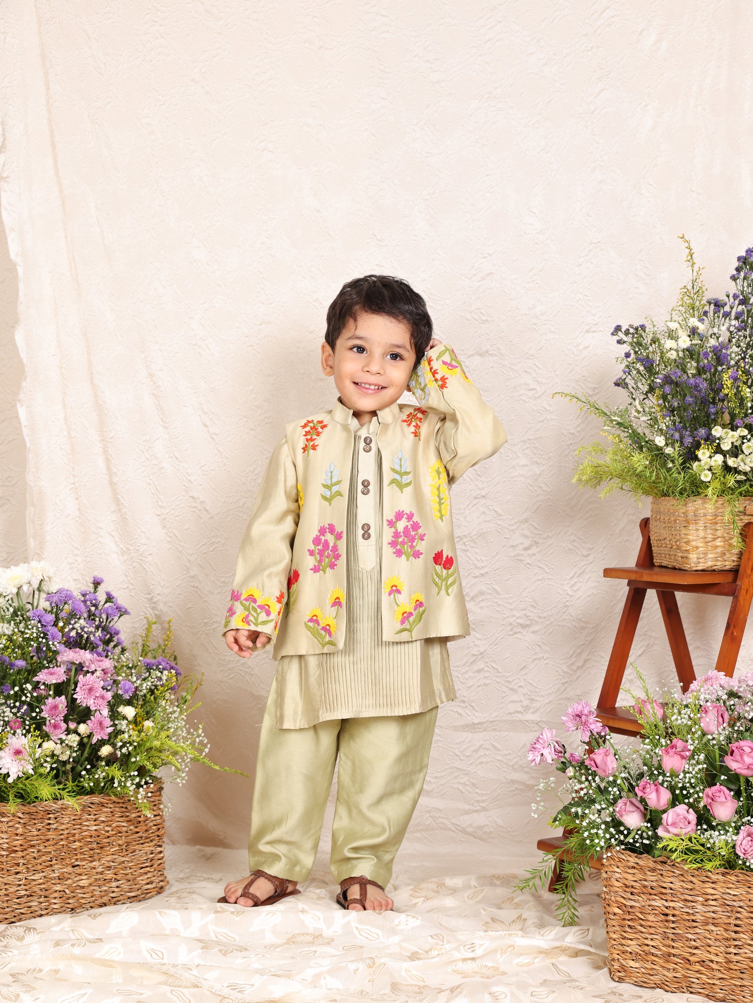 Pista Green Thread Embroidered Nehru Jacket Set