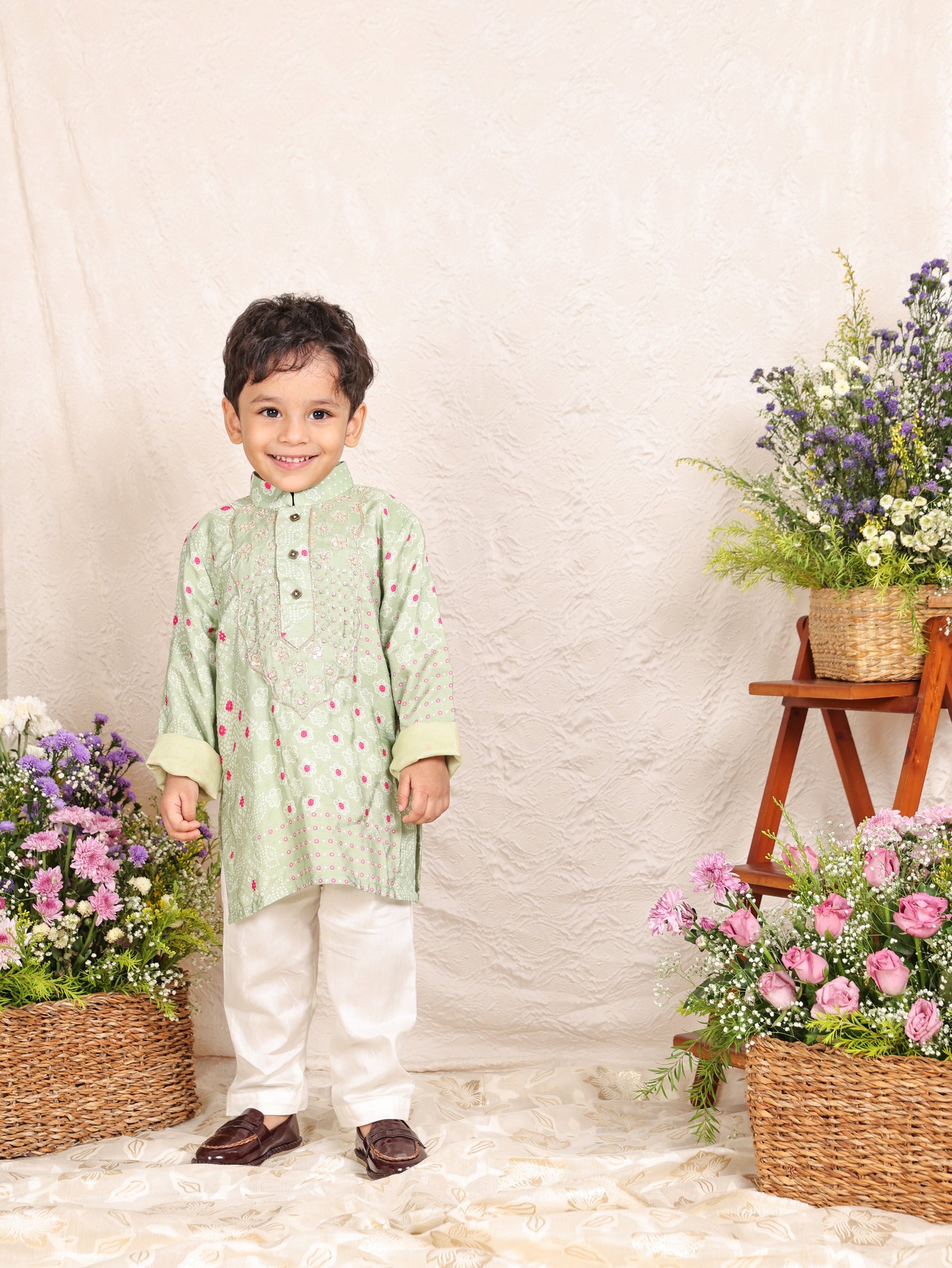 Pista Green Bandhej Zari Embroidered Kurta and Pant