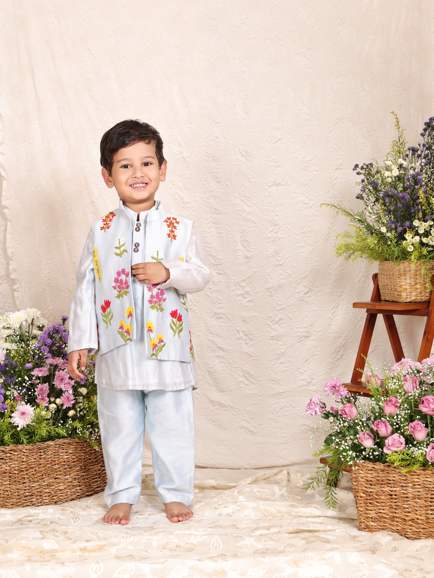Powder Blue Thread Work Nehru Jacket Set