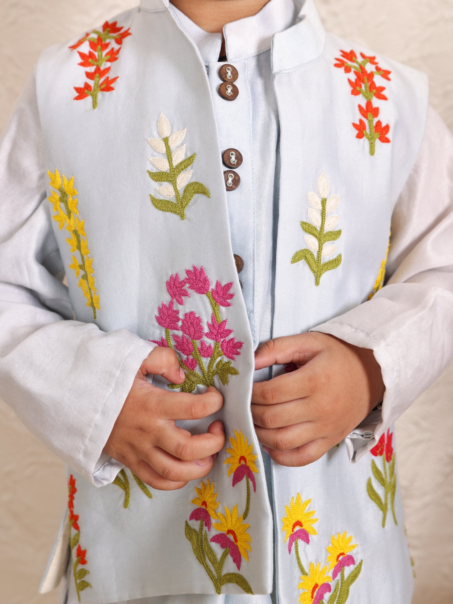 Powder Blue Thread Work Nehru Jacket Set