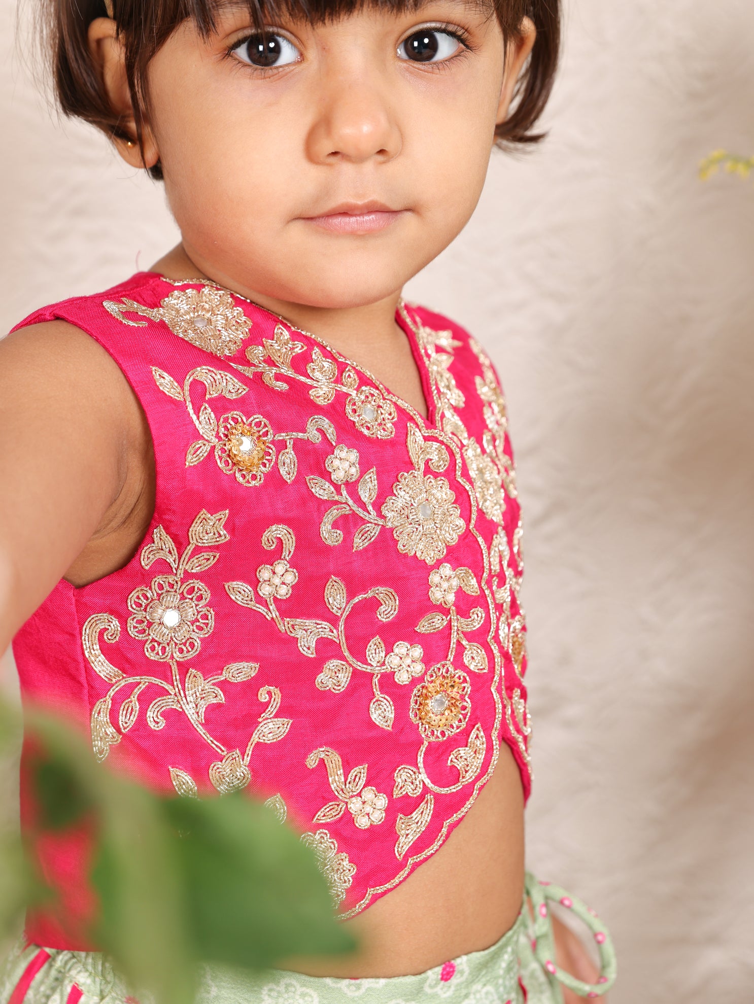 Hot Pink Embroidered Blouse and Pista Green Bandhej Ghaghra