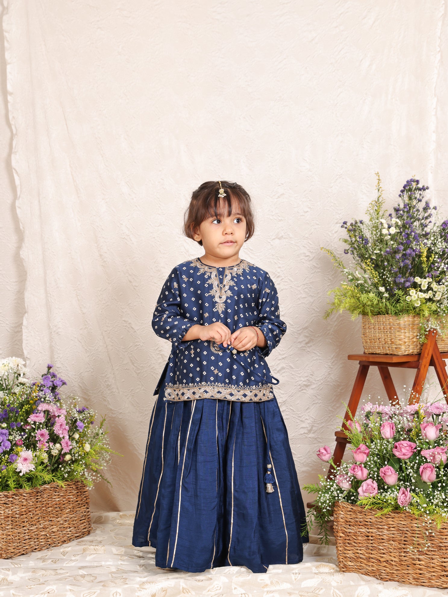 Blue Zari Embroidered Bandhej Kurta and Gota Line Flare Pant
