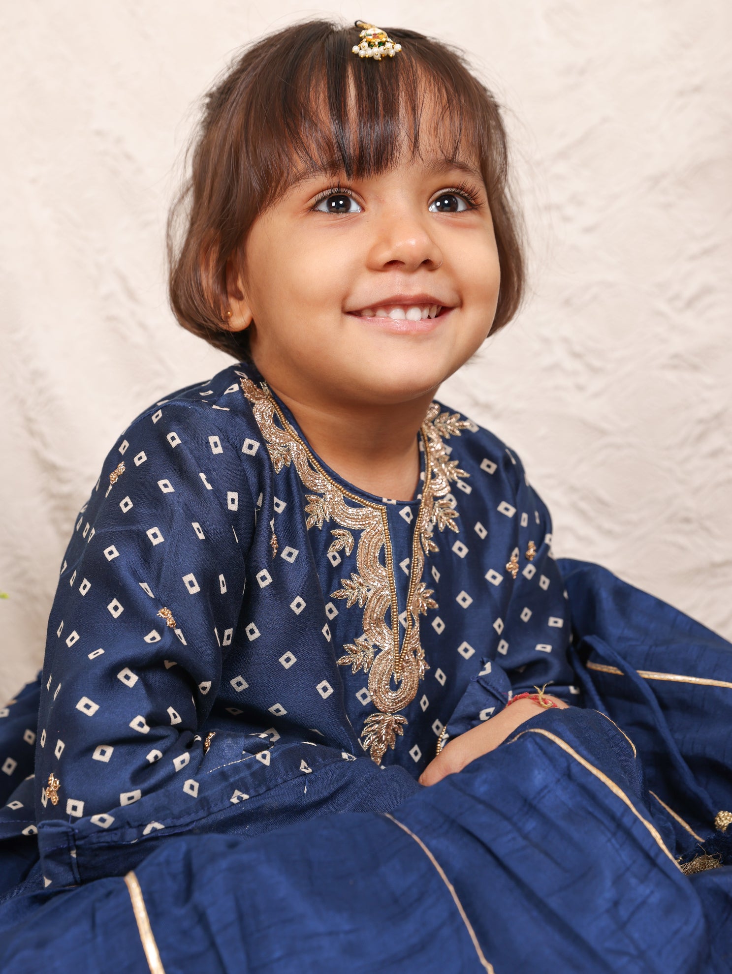 Blue Zari Embroidered Bandhej Kurta and Gota Line Flare Pant