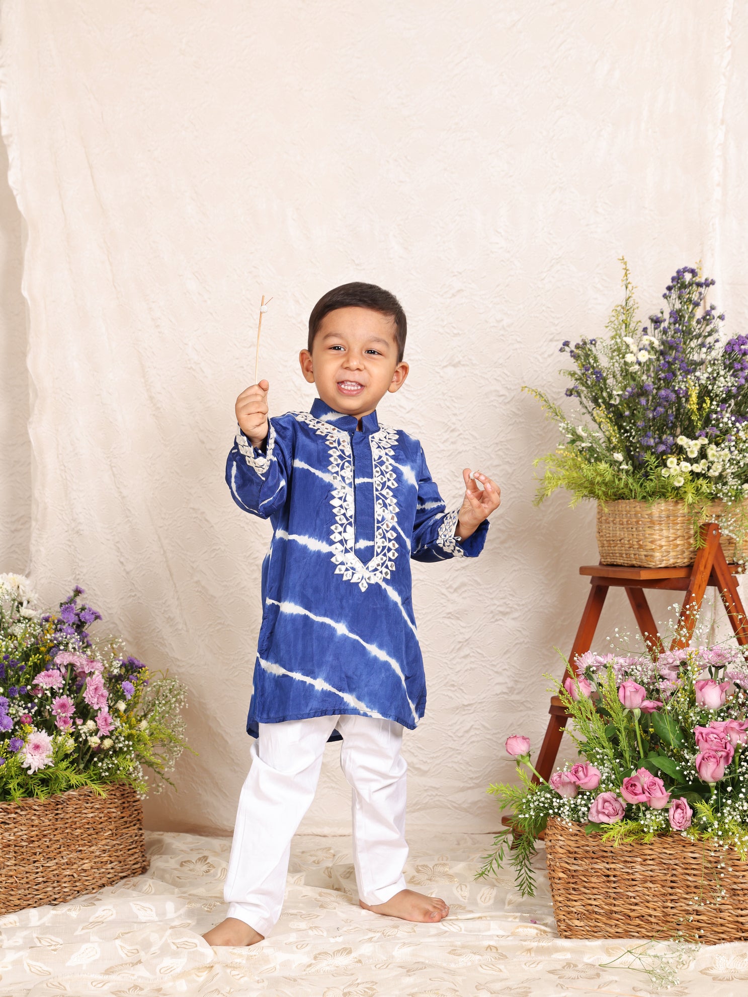 Blue and White Thread Work Leheriya Kurta and Pant