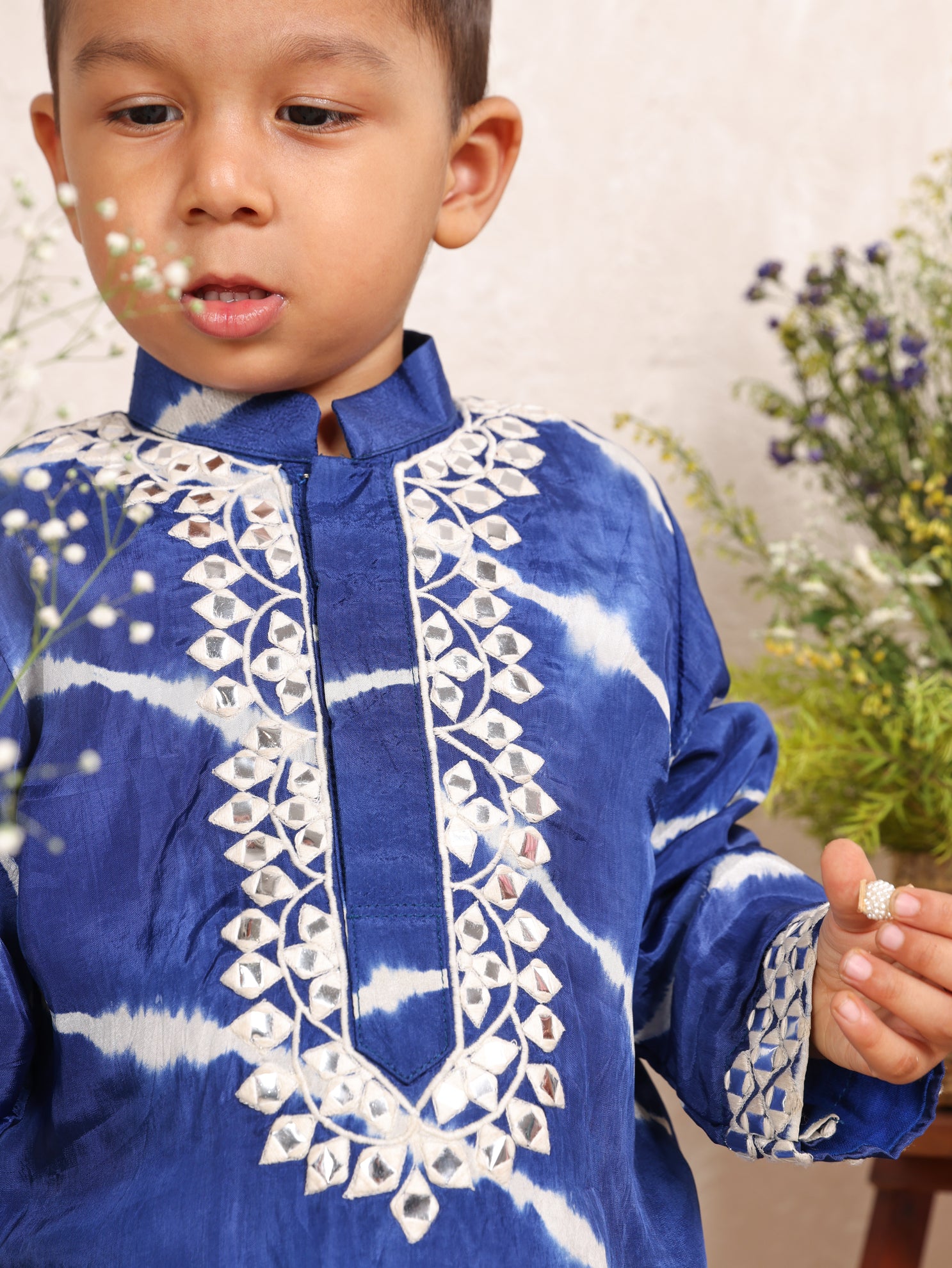 Blue and White Thread Work Leheriya Kurta and Pant