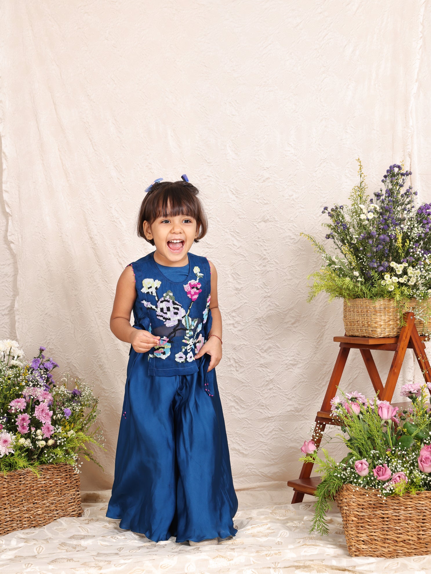 Floral Beads Embroidered Bib With Inner Top and Flare Pant