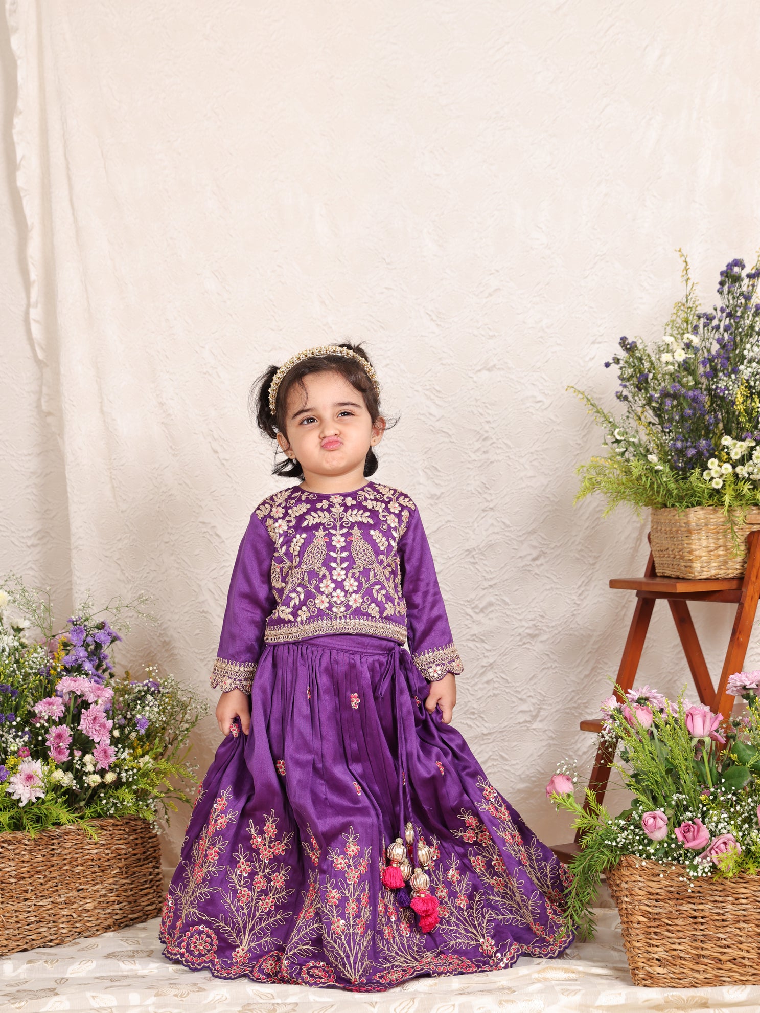 Purple Fully Embroidered Chanderi Blouse and Ghagara