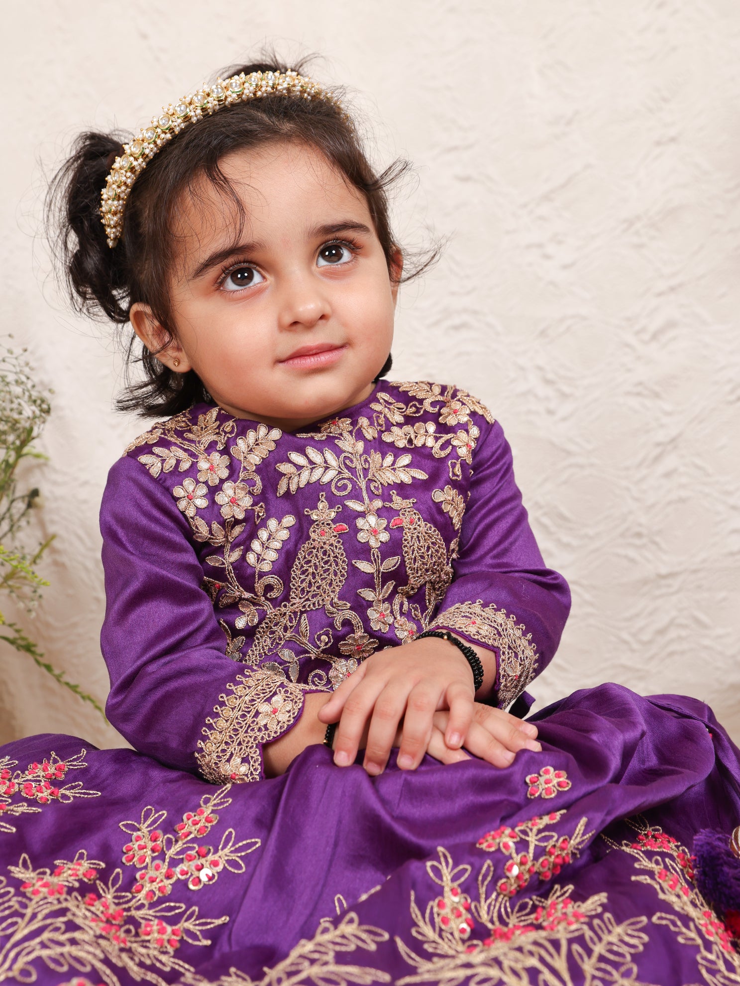 Purple Fully Embroidered Chanderi Blouse and Ghagara