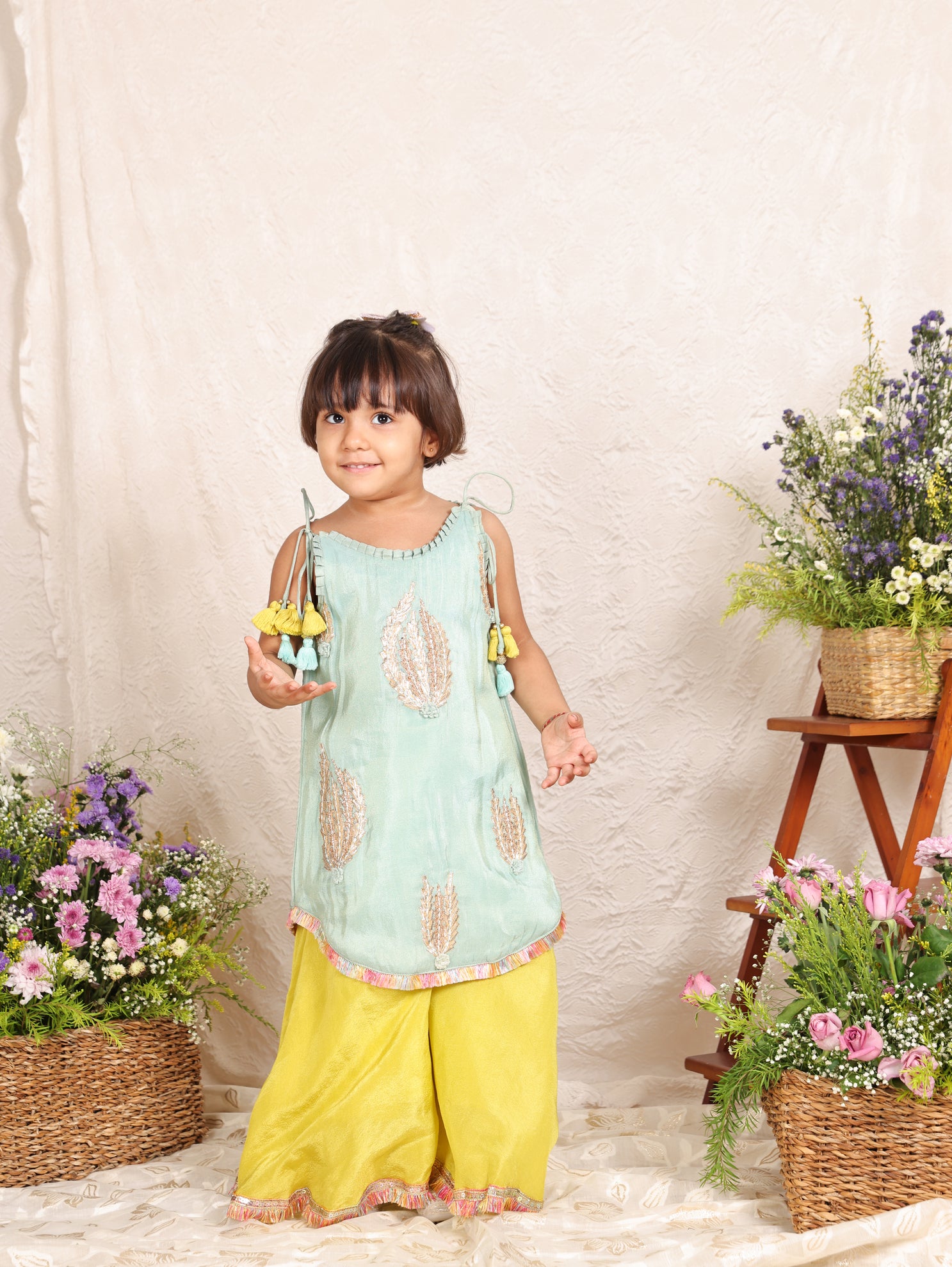 Sea Green Buta Kurta With Lime Green Flare Pant