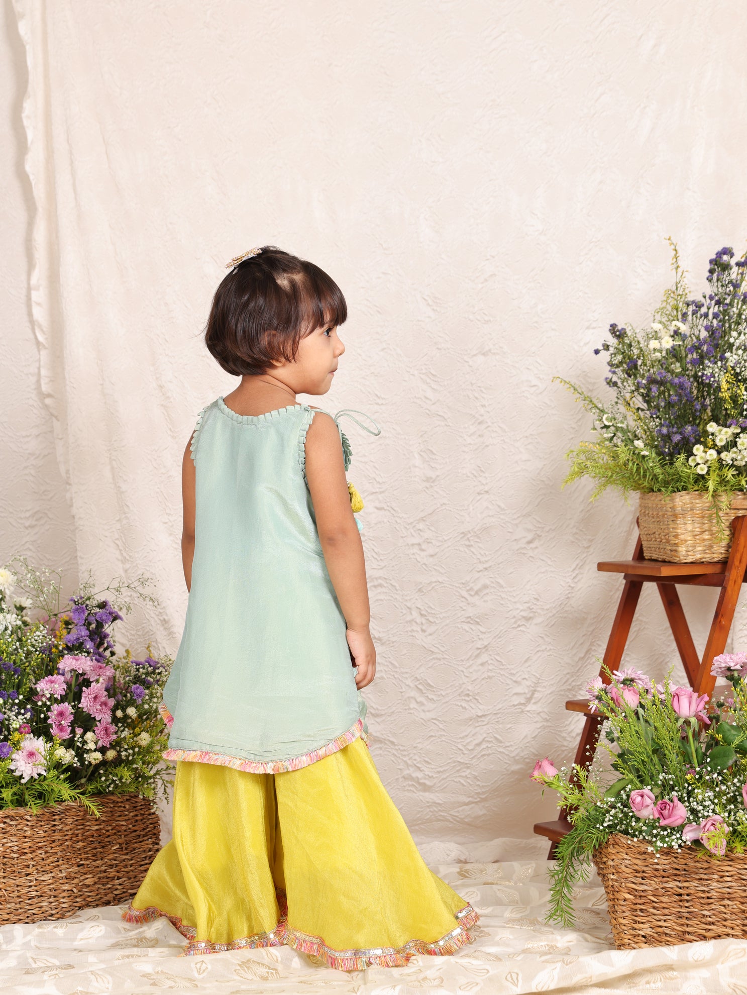 Sea Green Buta Kurta With Lime Green Flare Pant
