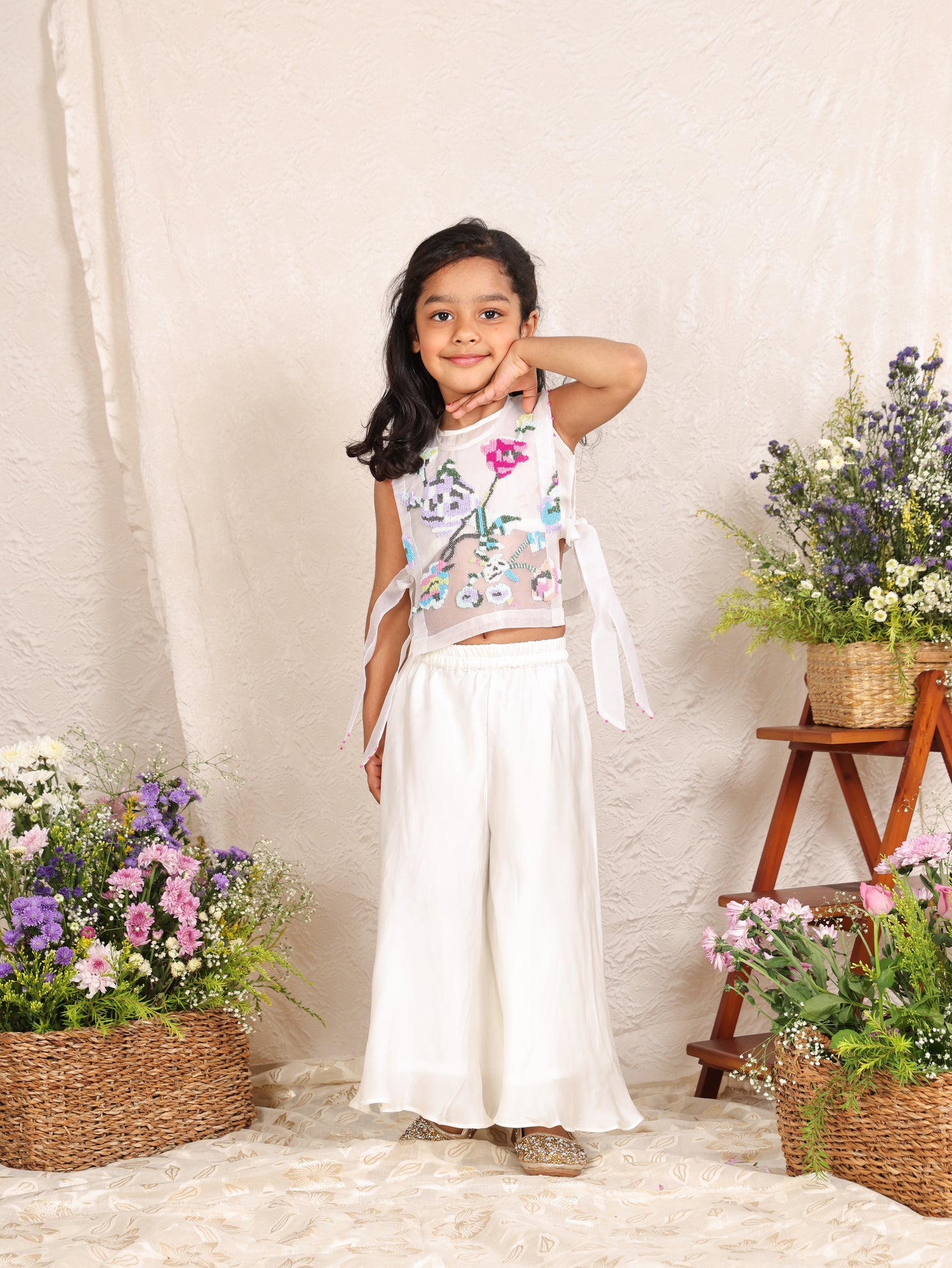 Multicolour Floral Beads Embroidered Bib with Inner Top and Flare Pant