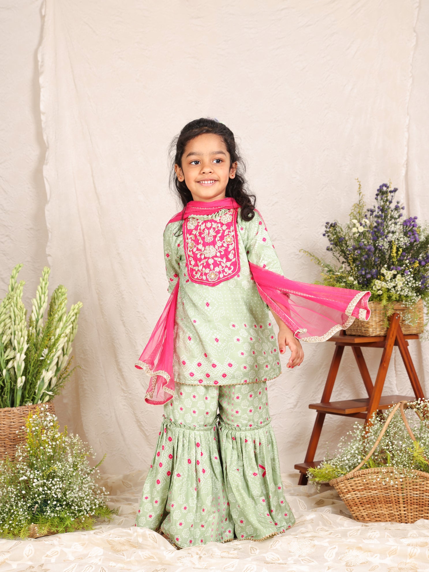 Pista Green Bandhej Kurta and Sharara With Dupatta