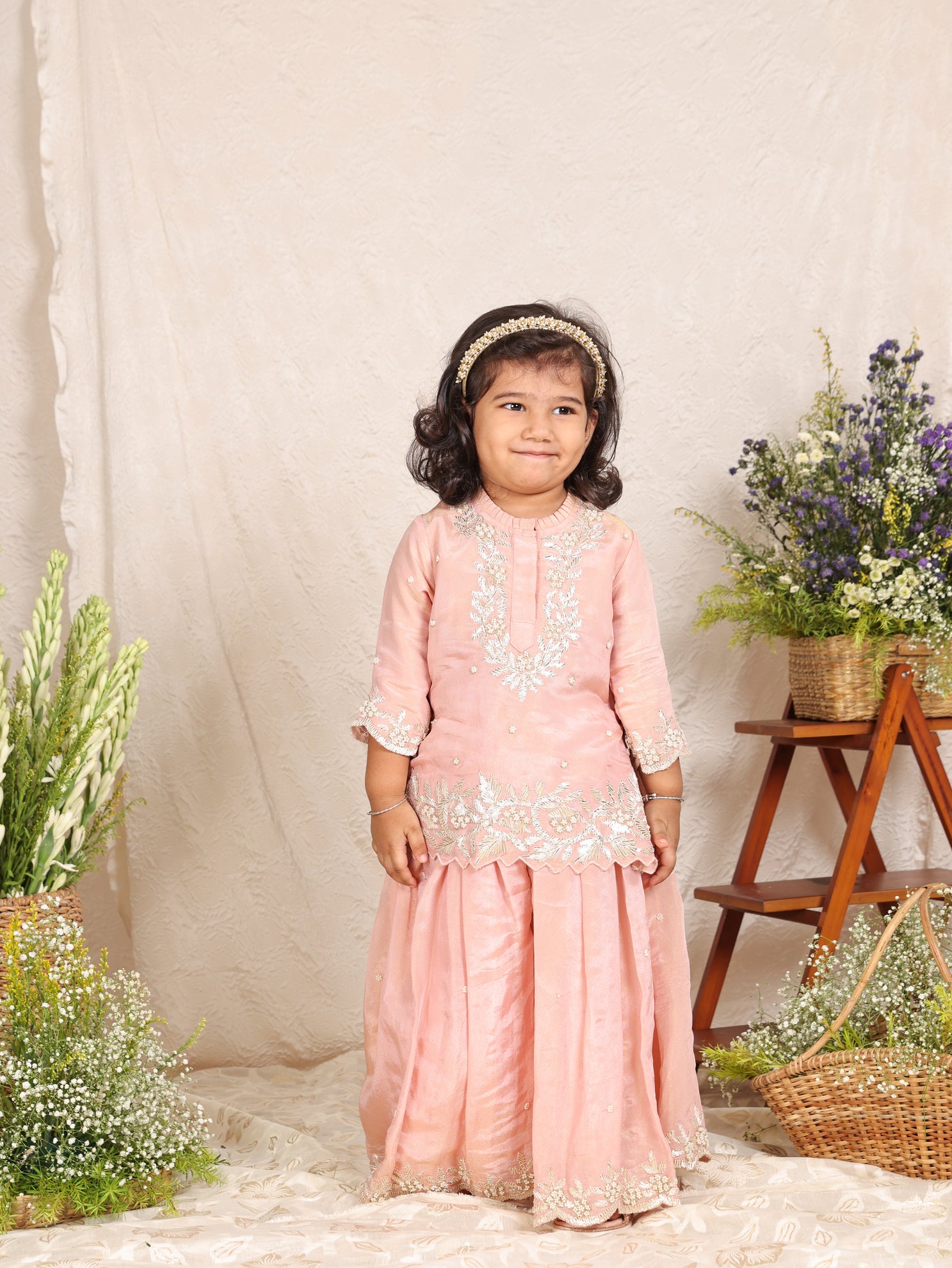 Pink Zari And Pearl Embroidered Kurta and Flare Pant