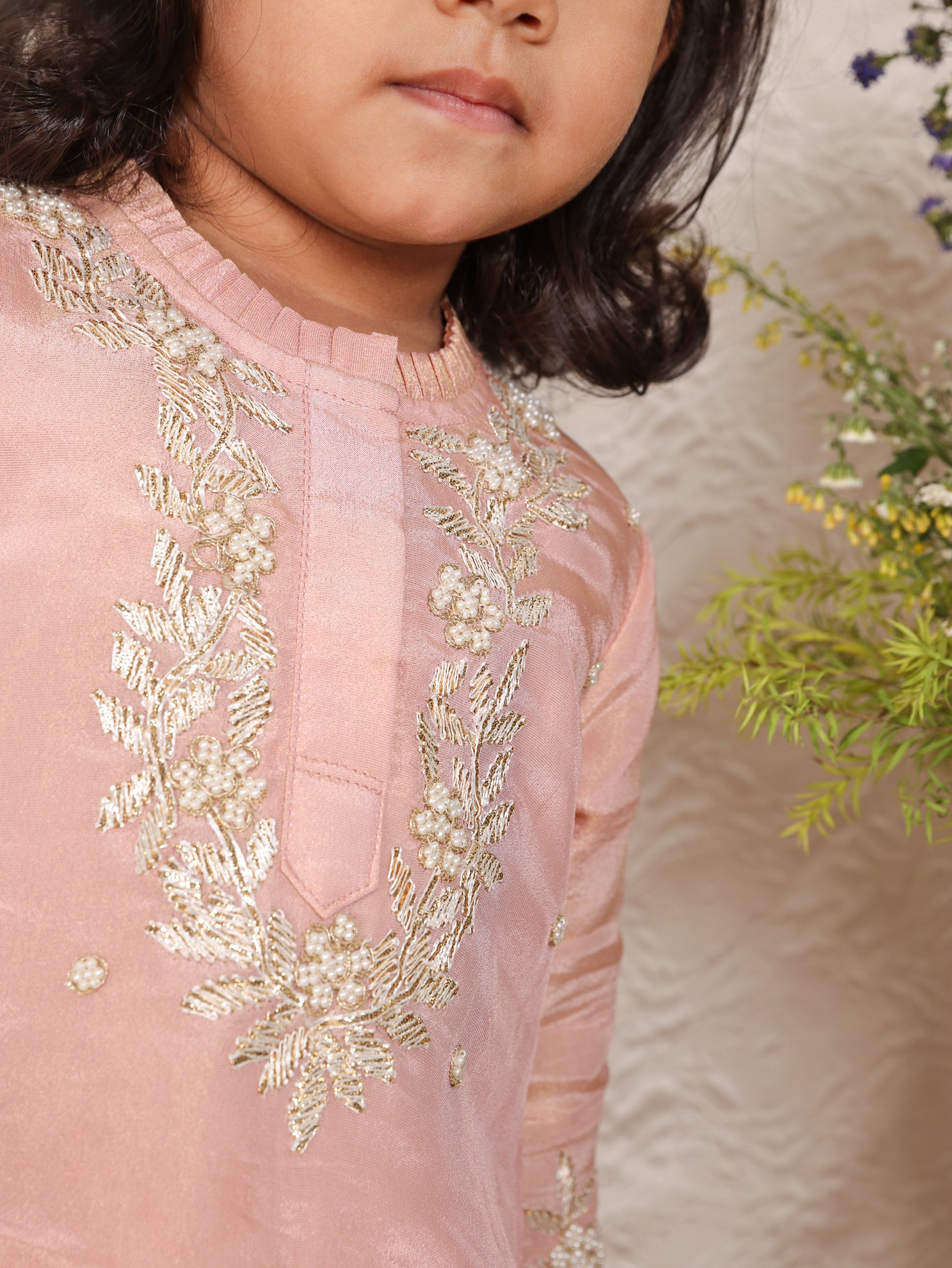 Pink Zari And Pearl Embroidered Kurta and Flare Pant
