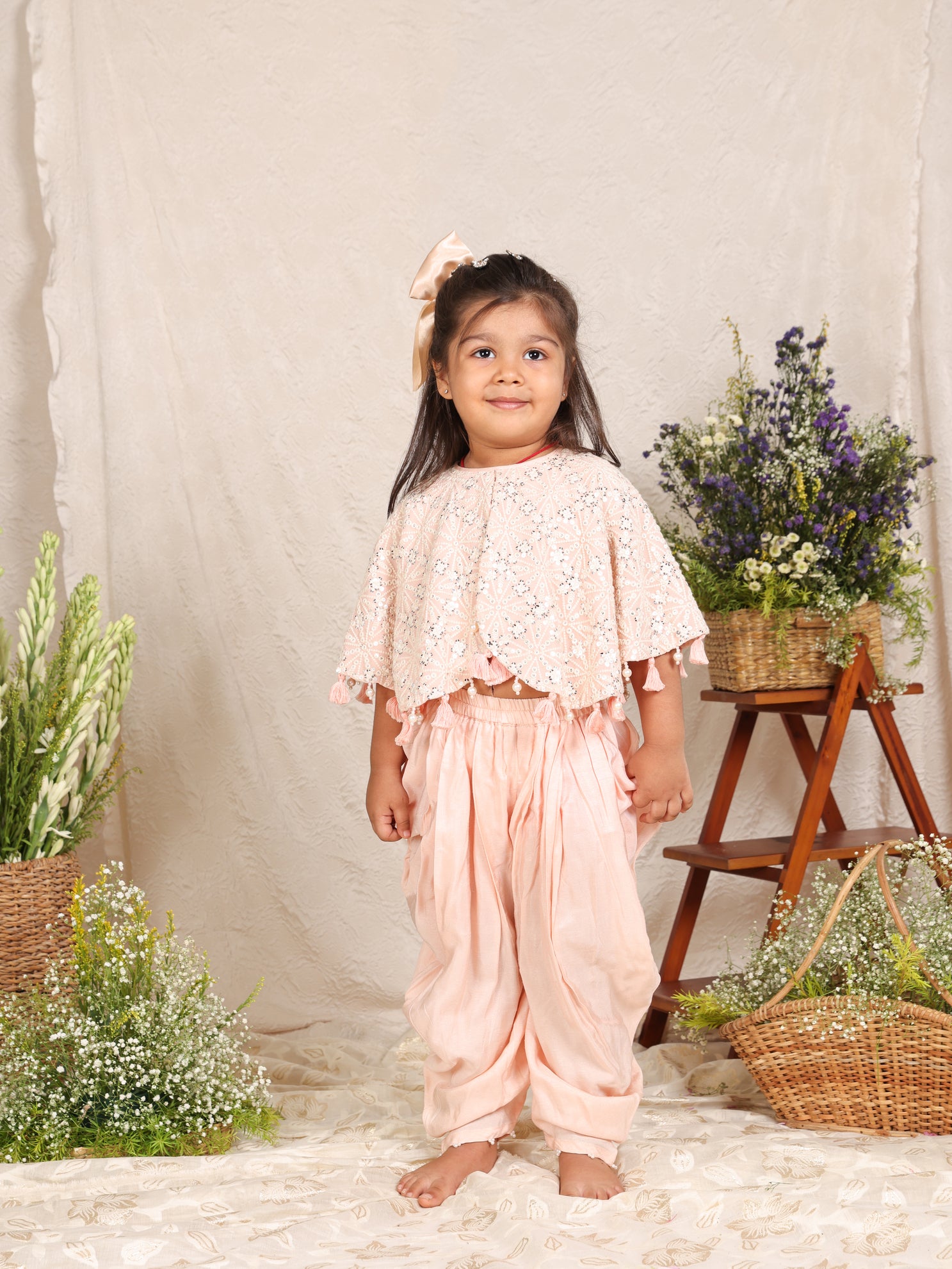 Pink Lakhnavi Poncho Top And Cowl Pants