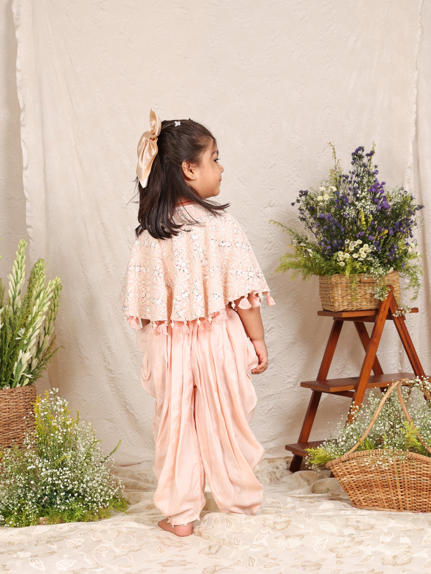 Pink Lakhnavi Poncho Top And Cowl Pants