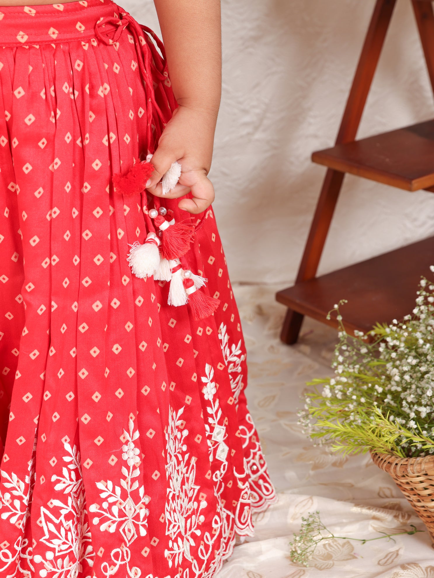Red Bandhej Ruffle Top And Thread Embroidered Ghagara