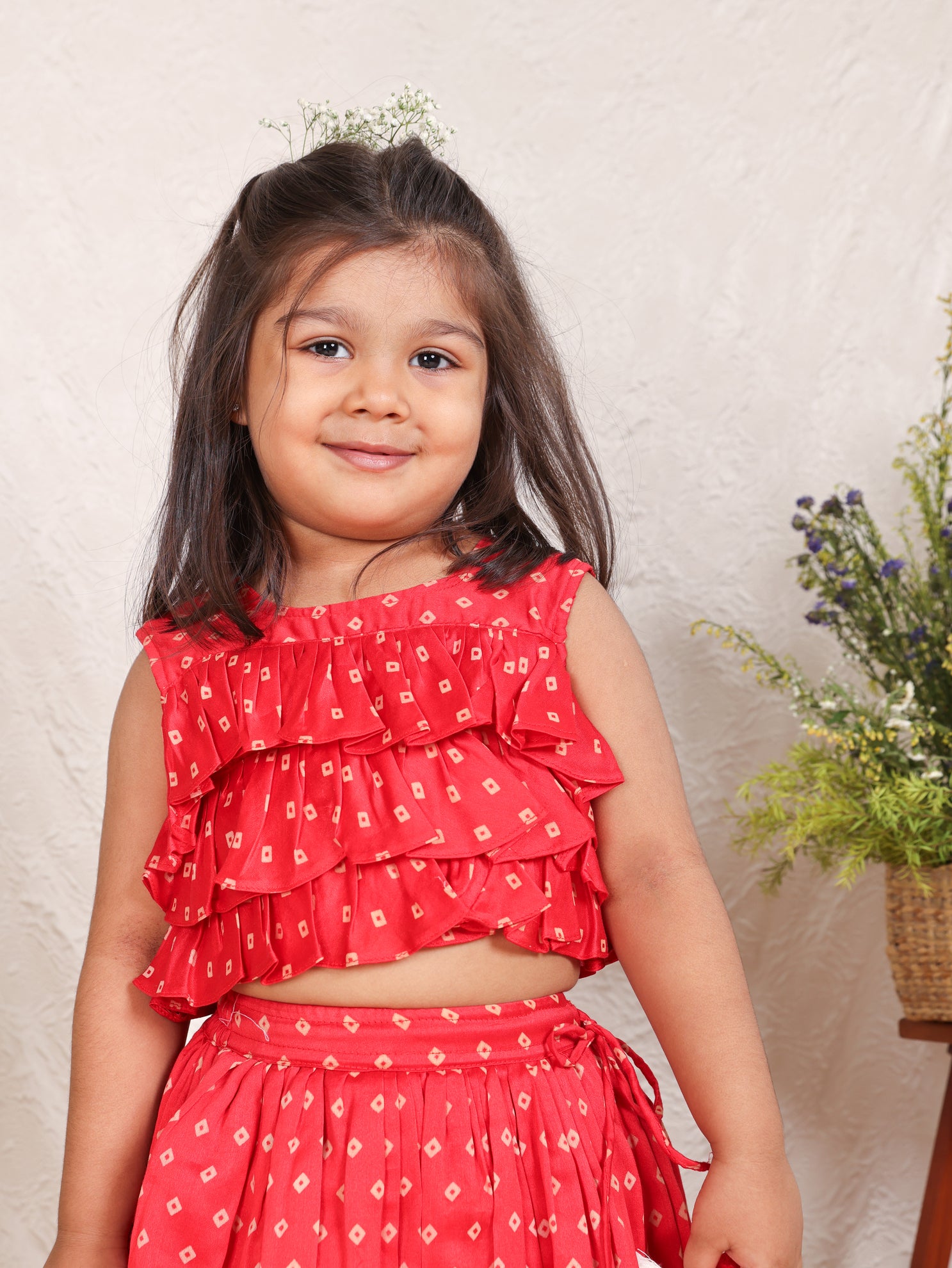 Red Bandhej Ruffle Top And Thread Embroidered Ghagara