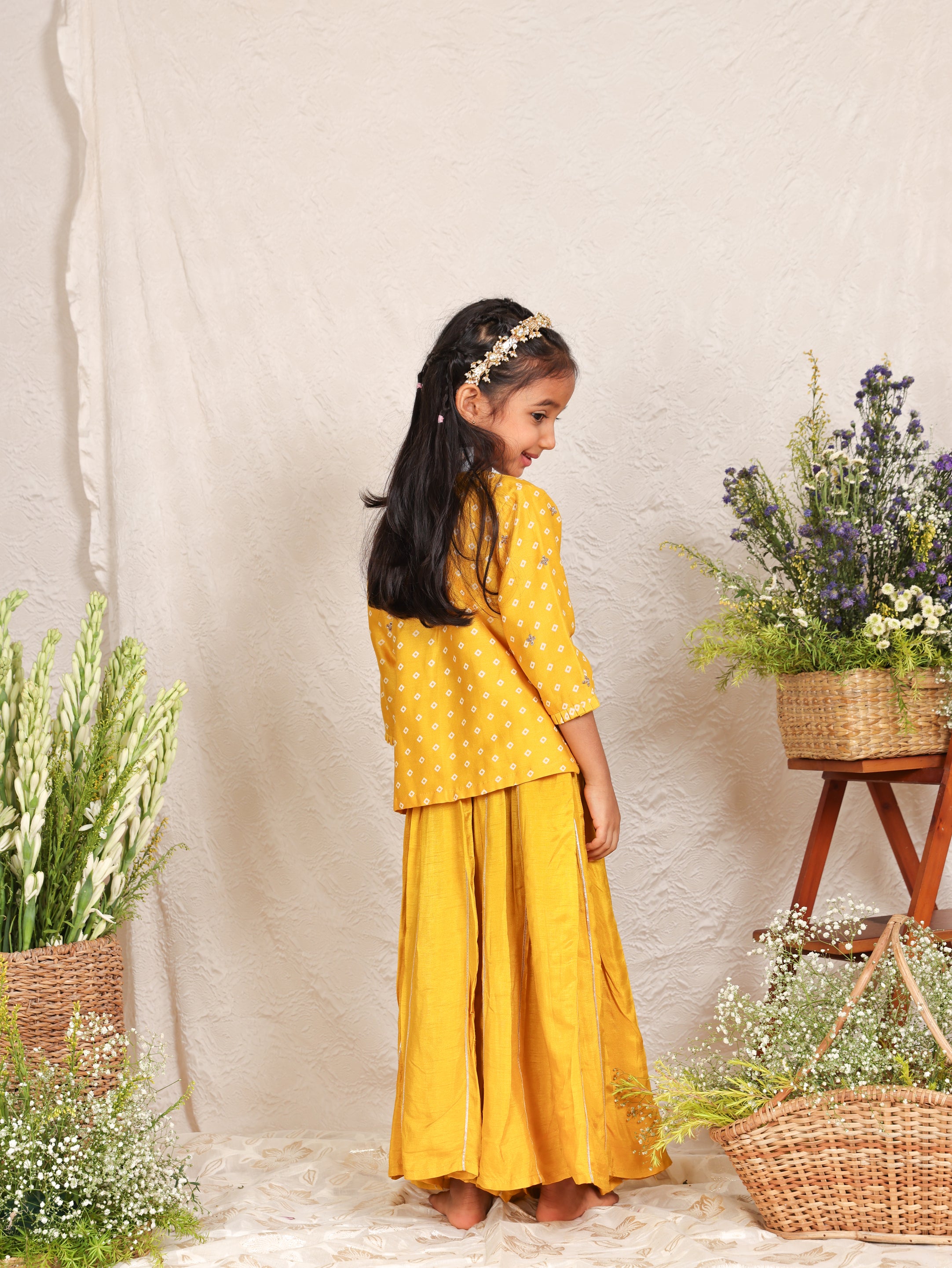 Yellow Zari Embroidered Bandhej Kurta And Gota Line Flare Pant
