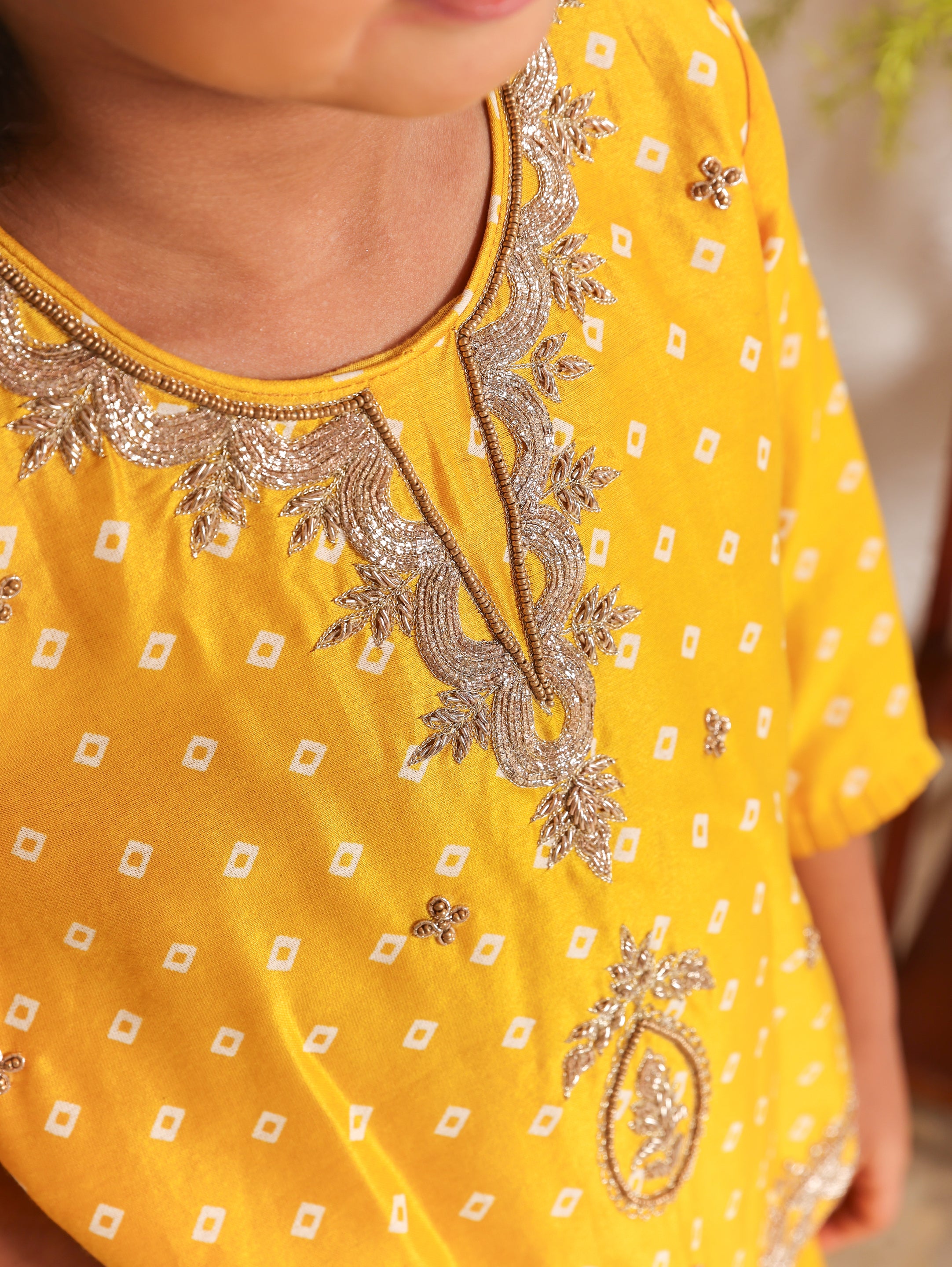 Yellow Zari Embroidered Bandhej Kurta And Gota Line Flare Pant