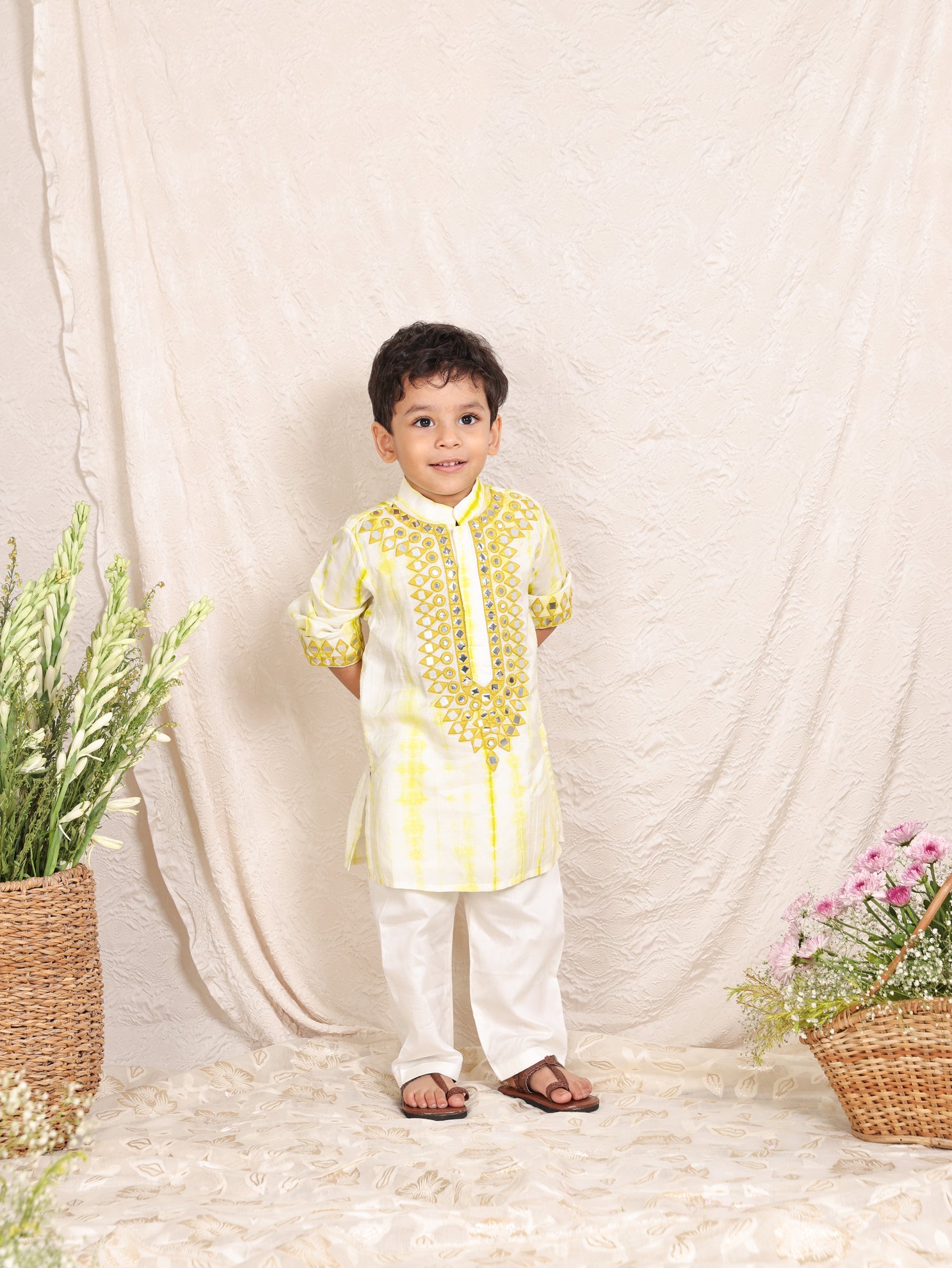 Thread And Mirror Embroidered Lime Green Shiboree Kurta and Pant