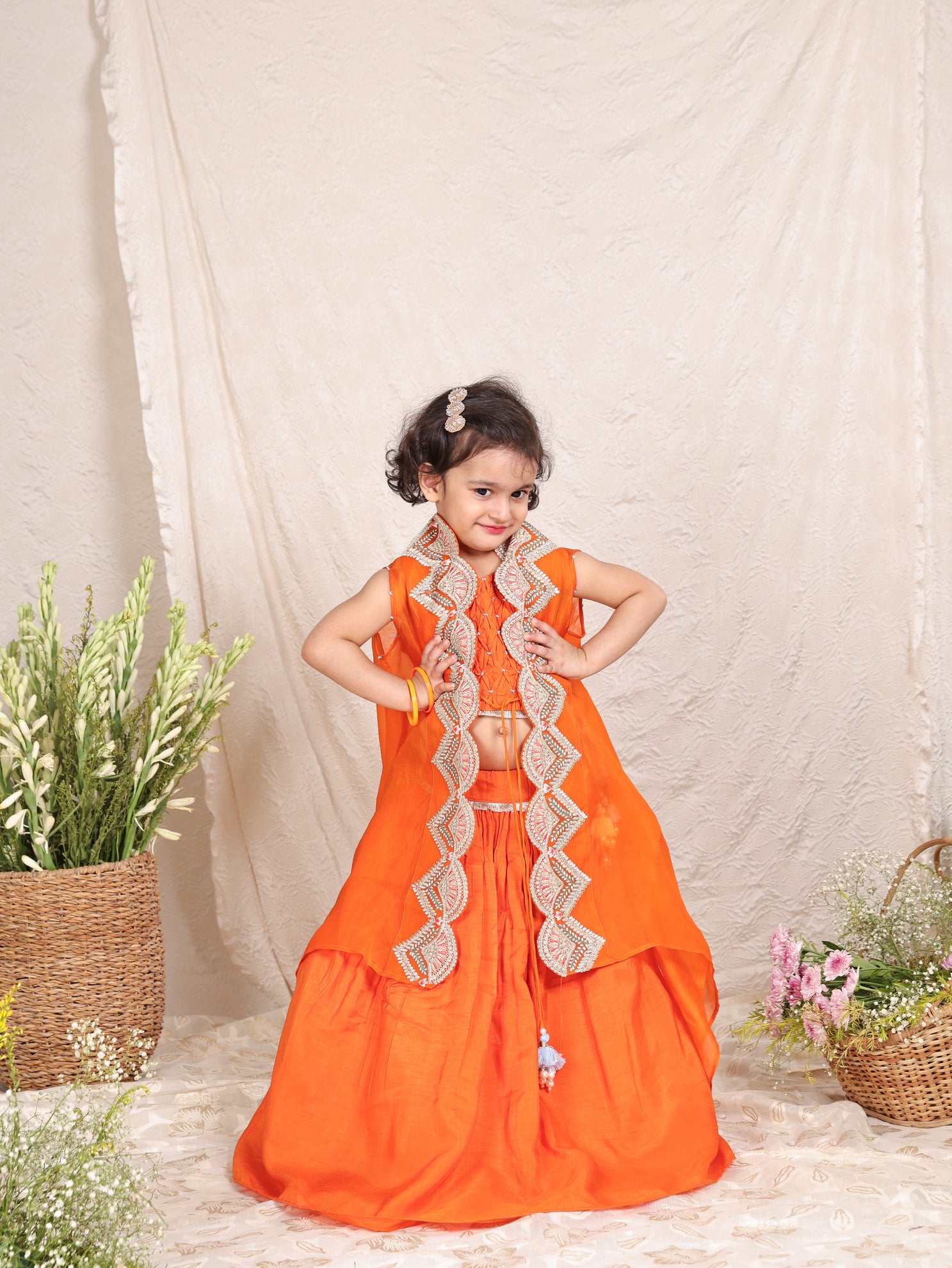 Orange Cape with Smocked Top and Ghaghra