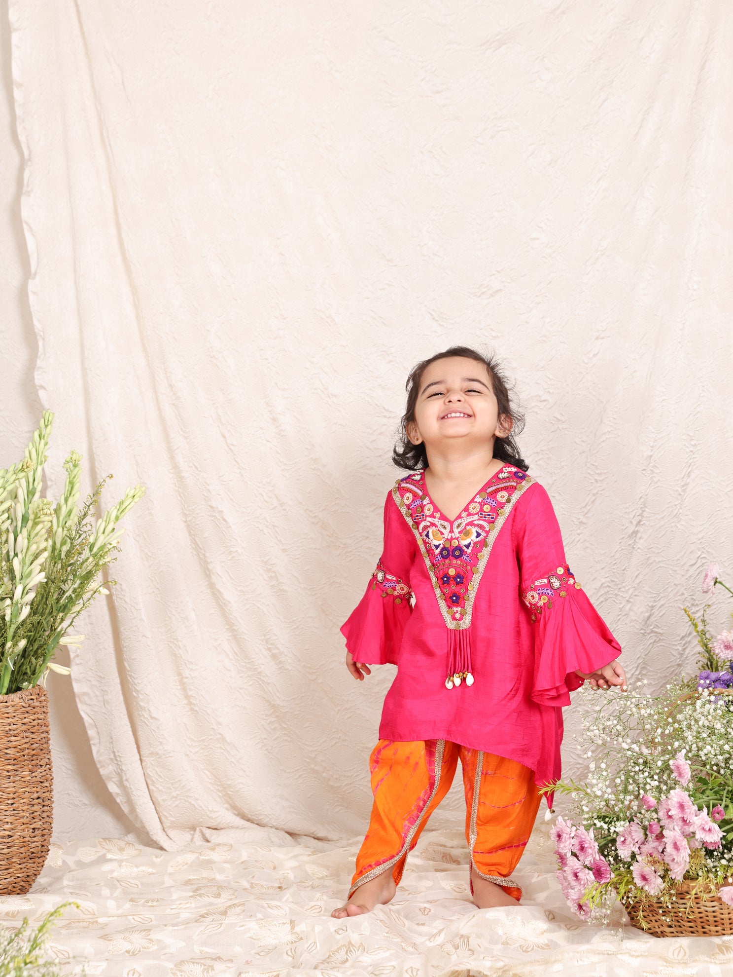 Hot Pink Embroidered Assymetrical Kurta with Orange Shiboree Dhoti