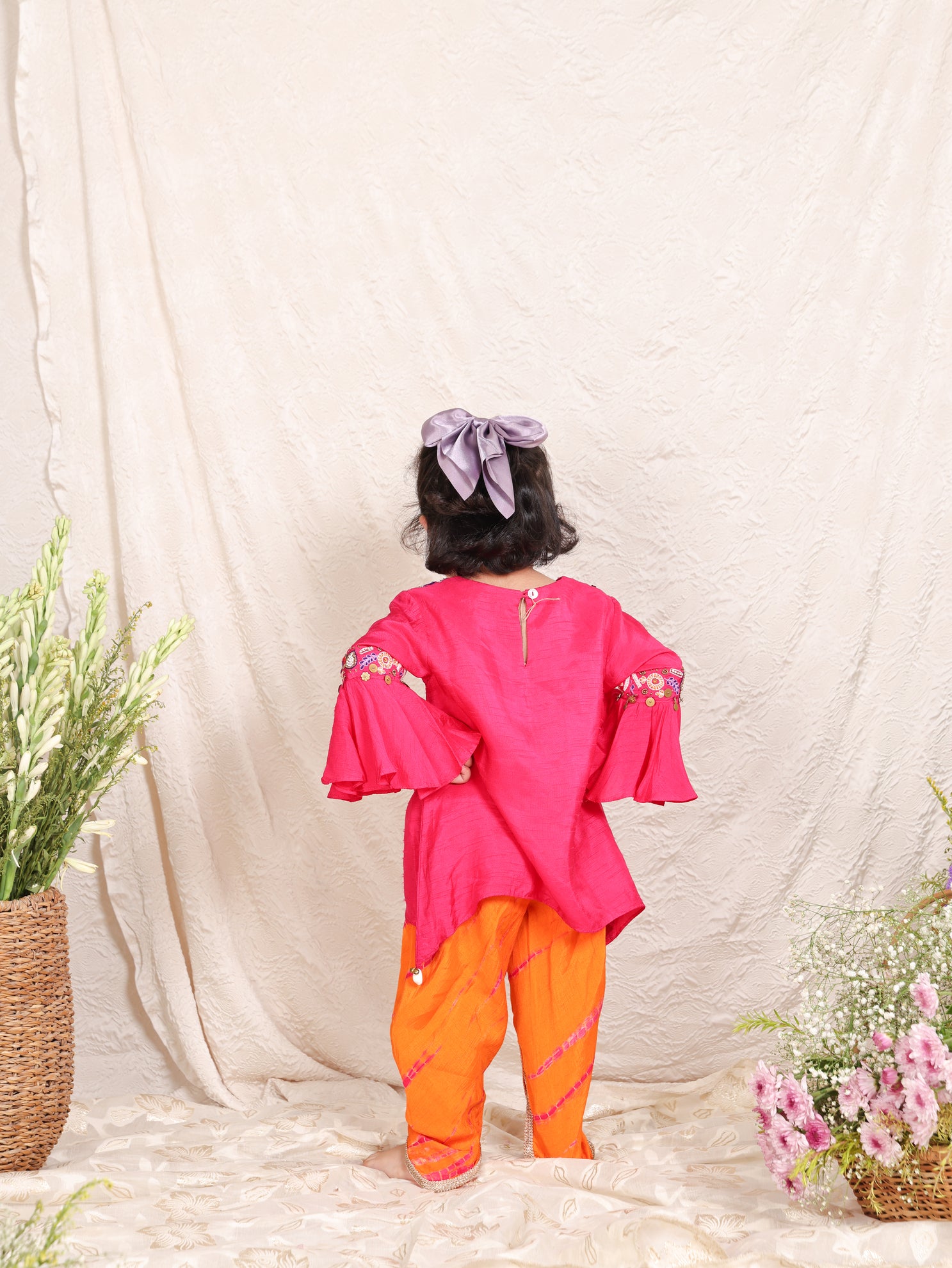 Hot Pink Embroidered Assymetrical Kurta with Orange Shiboree Dhoti