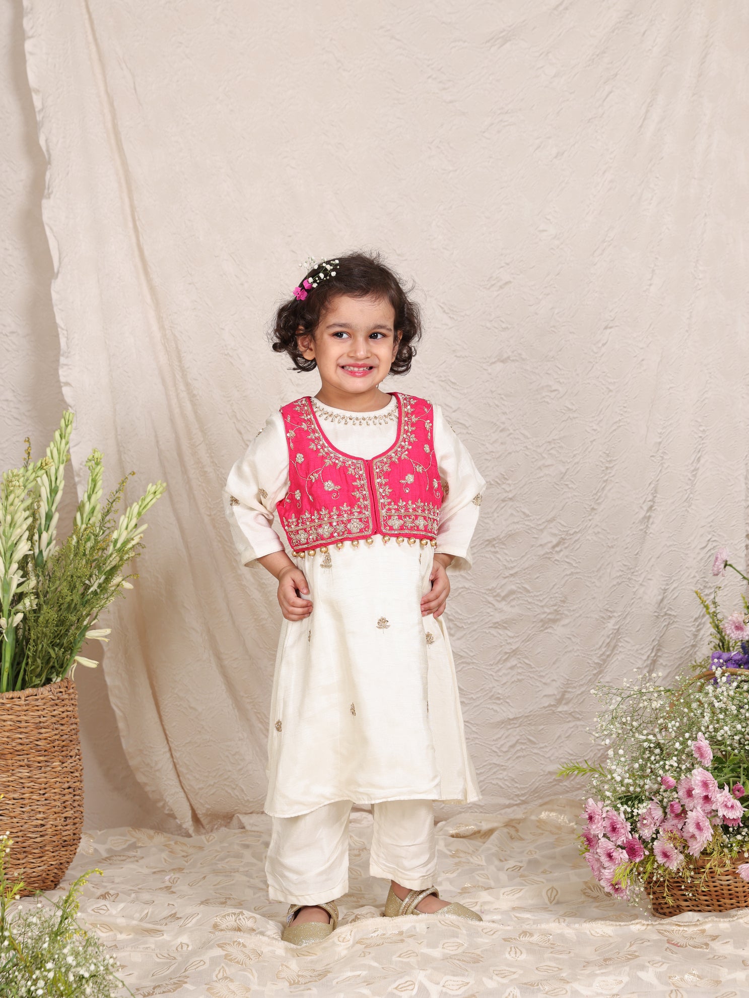 Zari Embroidered Hot Pink Jacket and Off White Buta Kurta With Pant