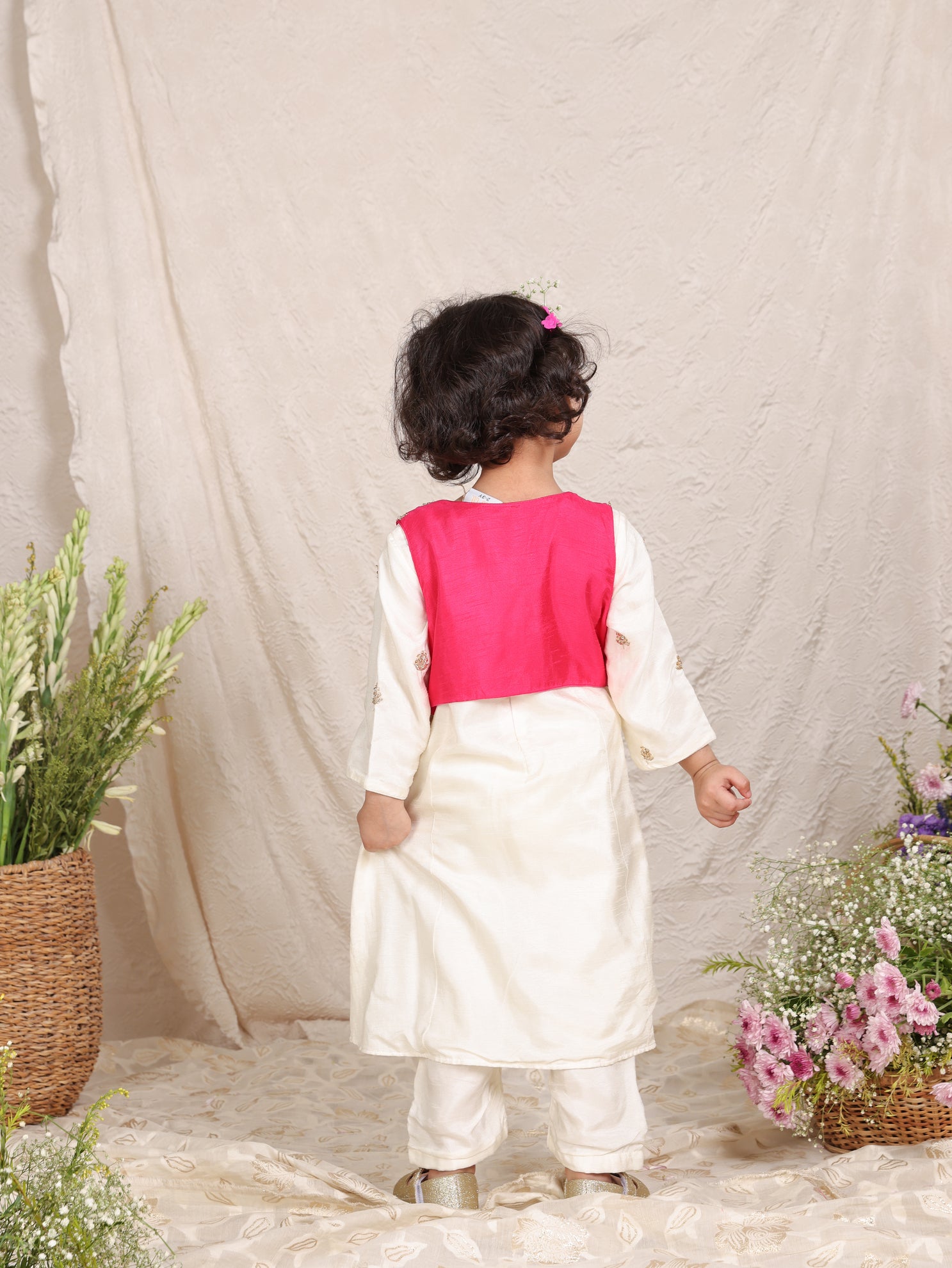 Zari Embroidered Hot Pink Jacket and Off White Buta Kurta With Pant