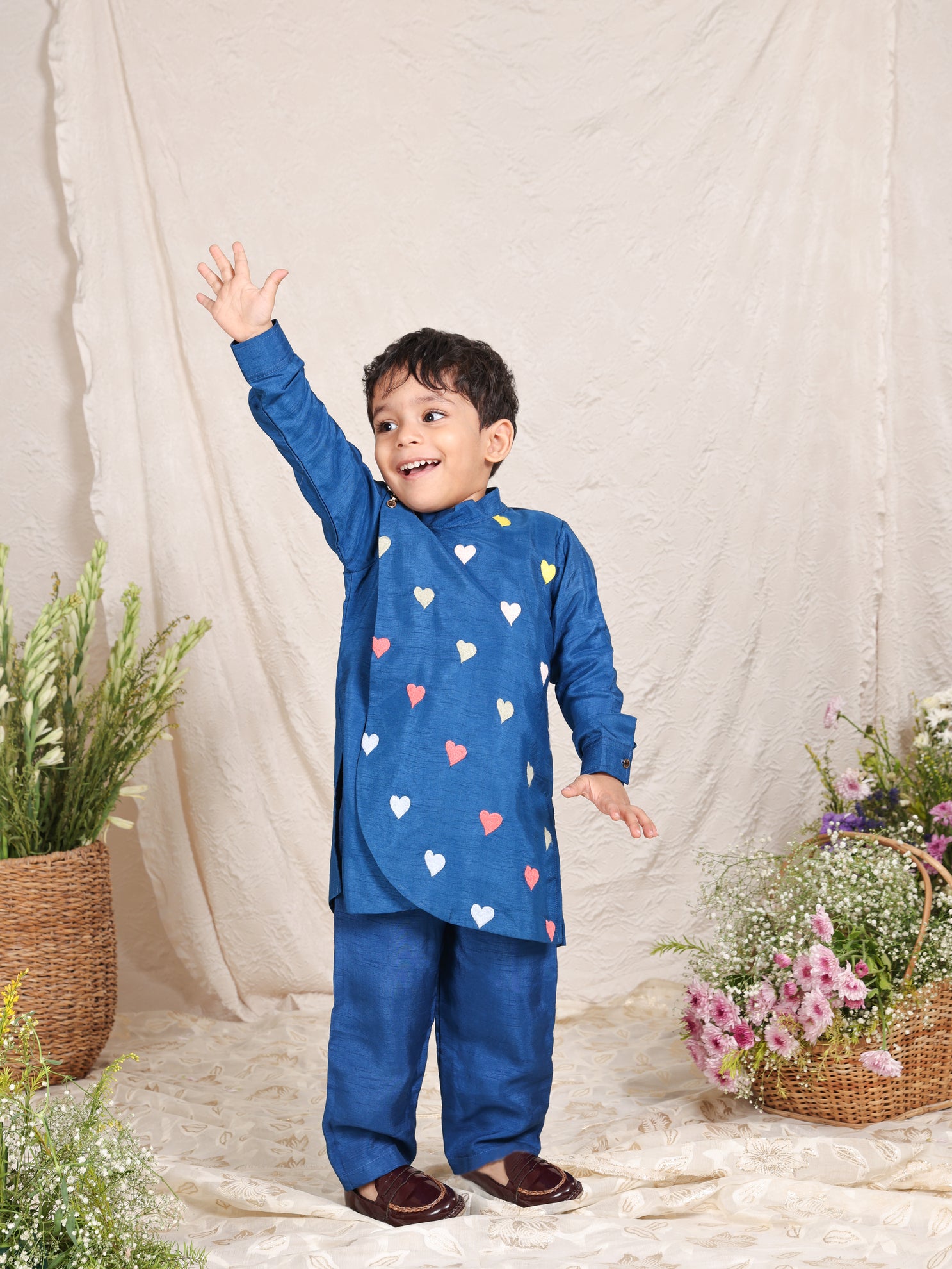 HEART EMBROIDERED BLUE SIDE BOTTON KURTA AND PANT