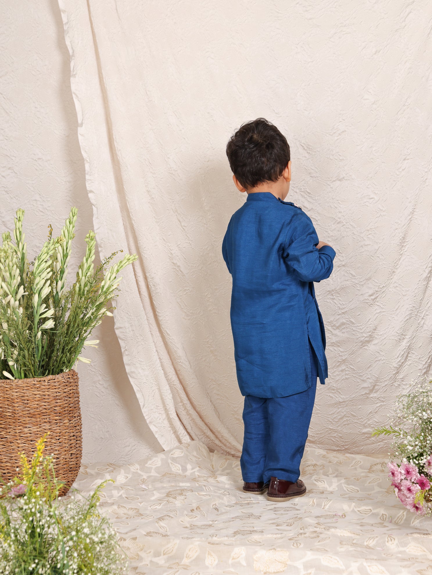 HEART EMBROIDERED BLUE SIDE BOTTON KURTA AND PANT