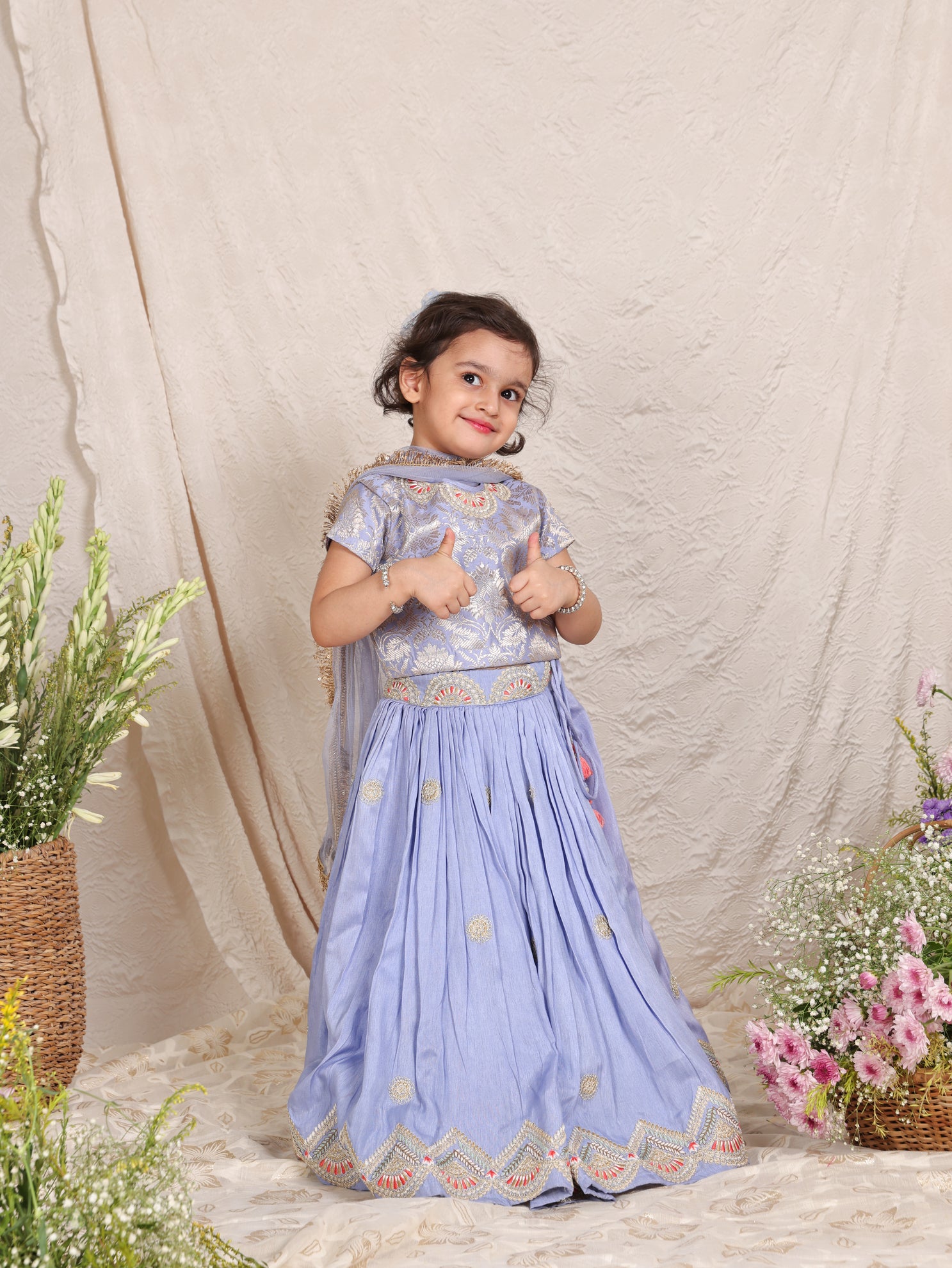 Lavender Brocade Top and Thread Embroidered Ghaghra With Dupatta