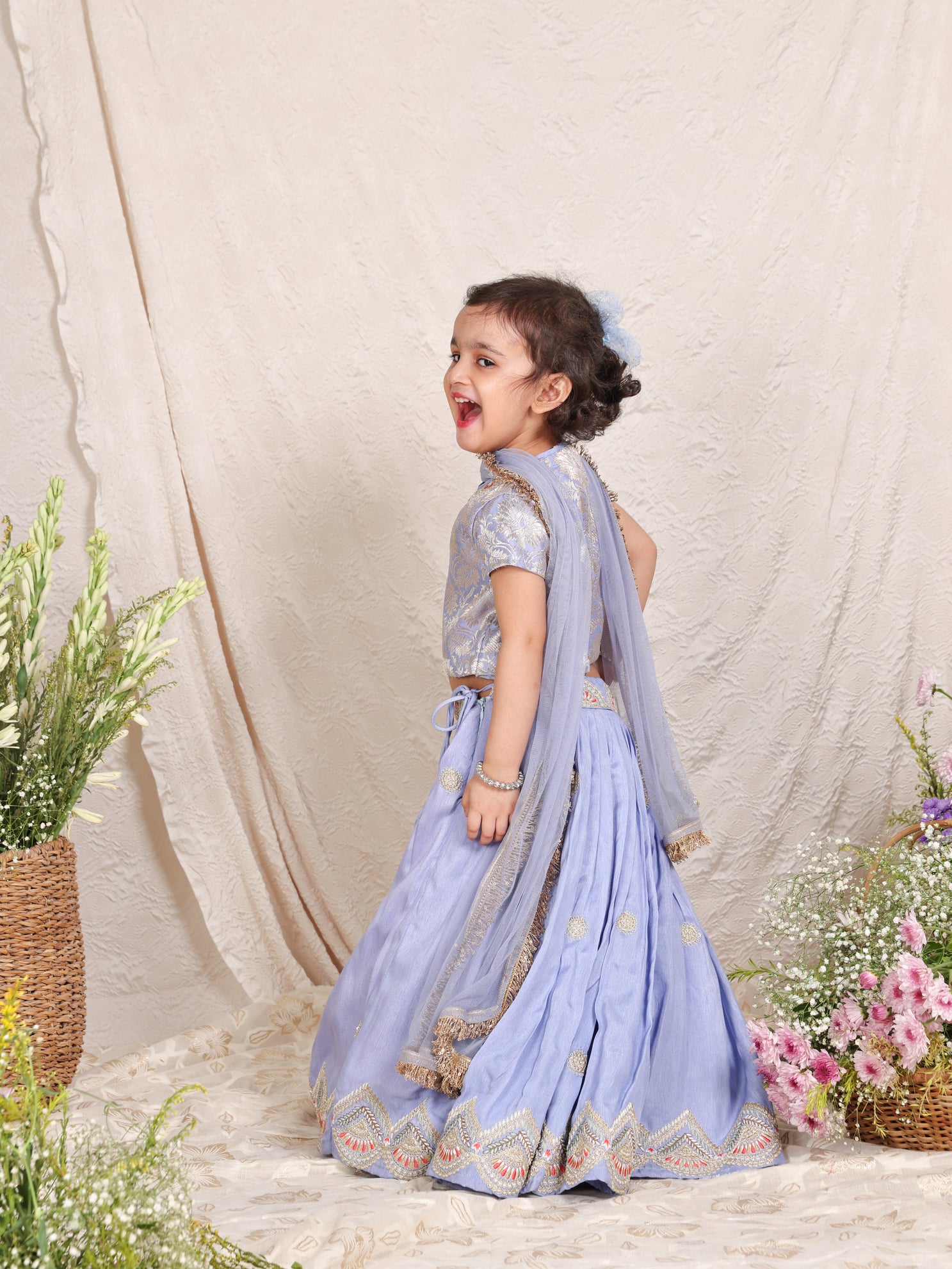 Lavender Brocade Top and Thread Embroidered Ghaghra With Dupatta