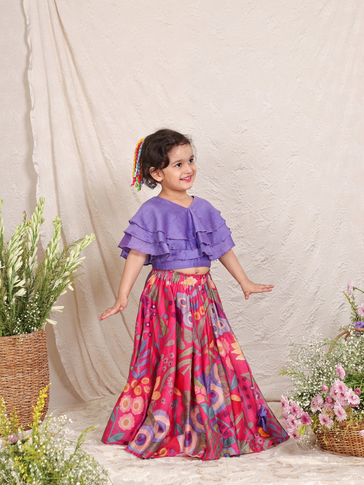 Lavender Ruffle top and Printed Ghagara