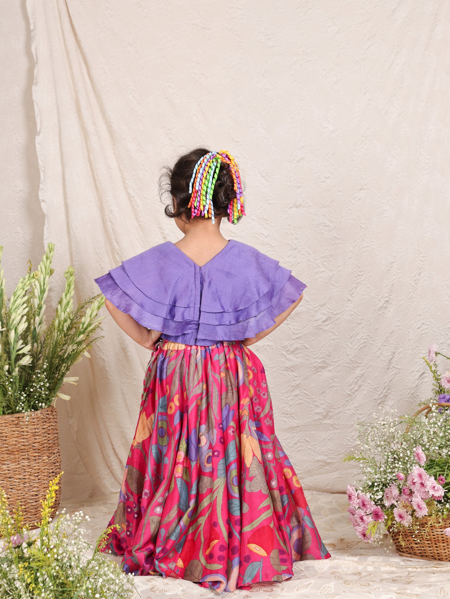 Lavender Ruffle top and Printed Ghagara