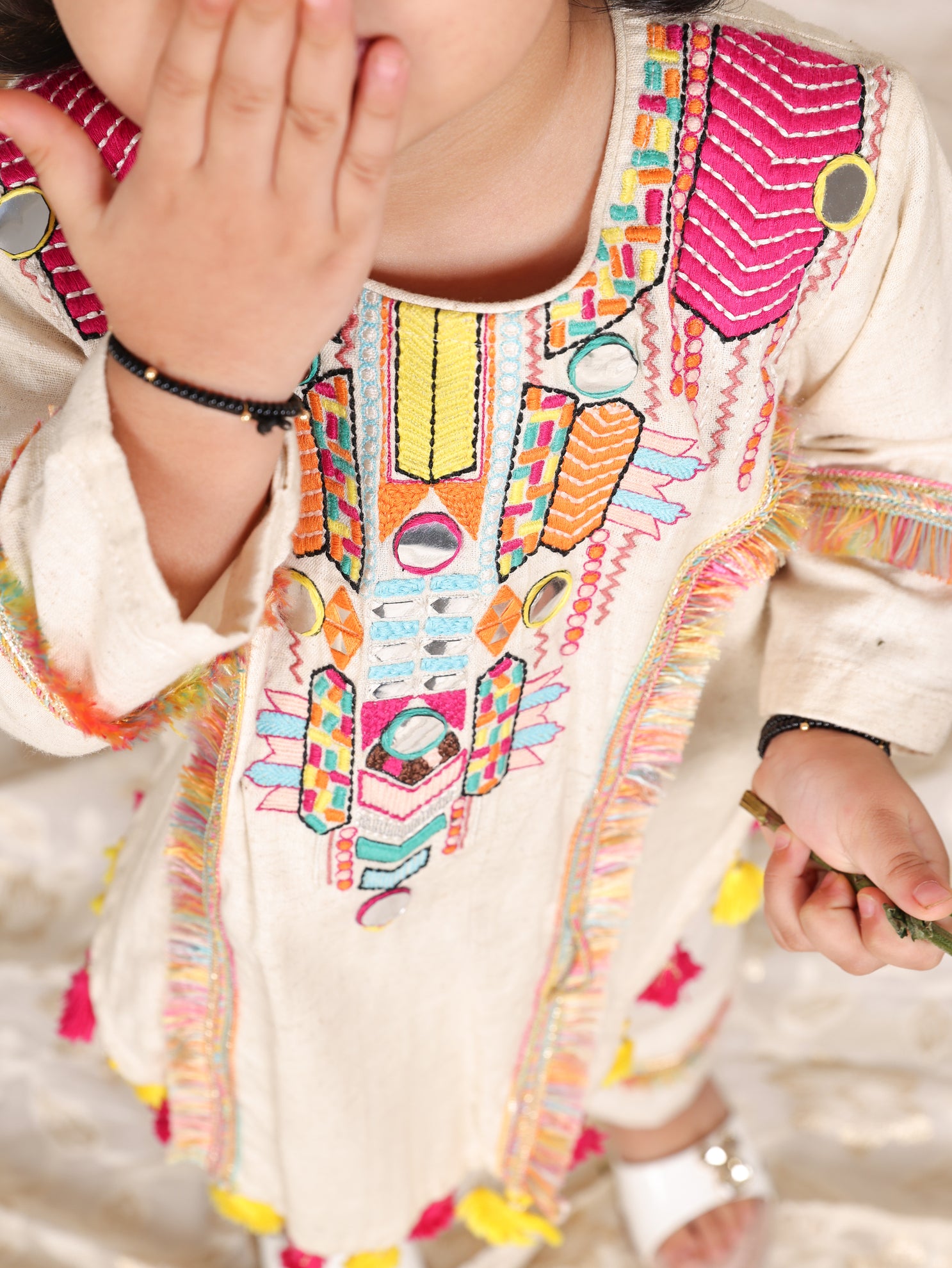 Off White Flax Thread And Mirror Work Kurta and Pant