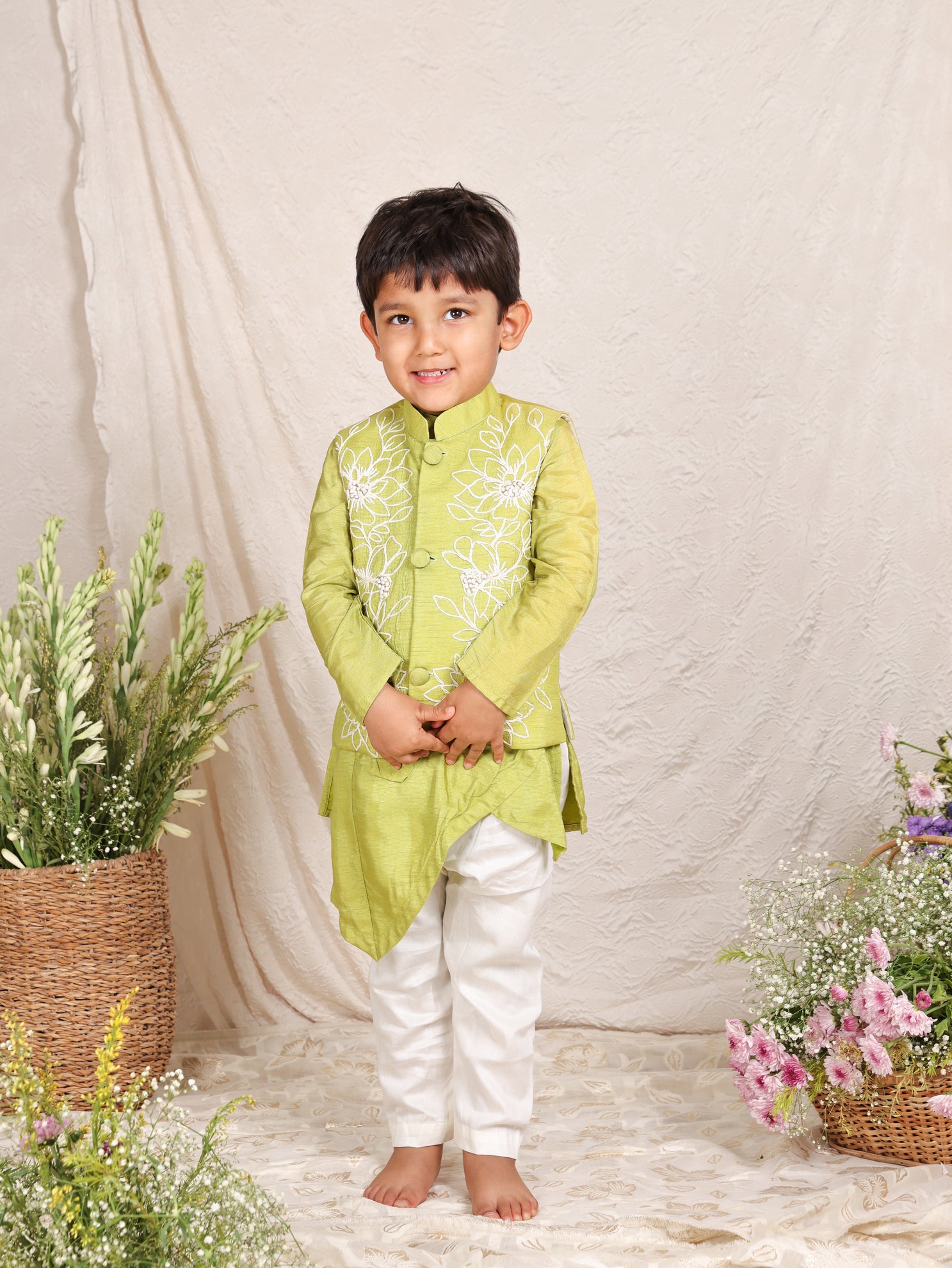 Cord Thread Embroidered Parrot Green Nehru Jacket Set