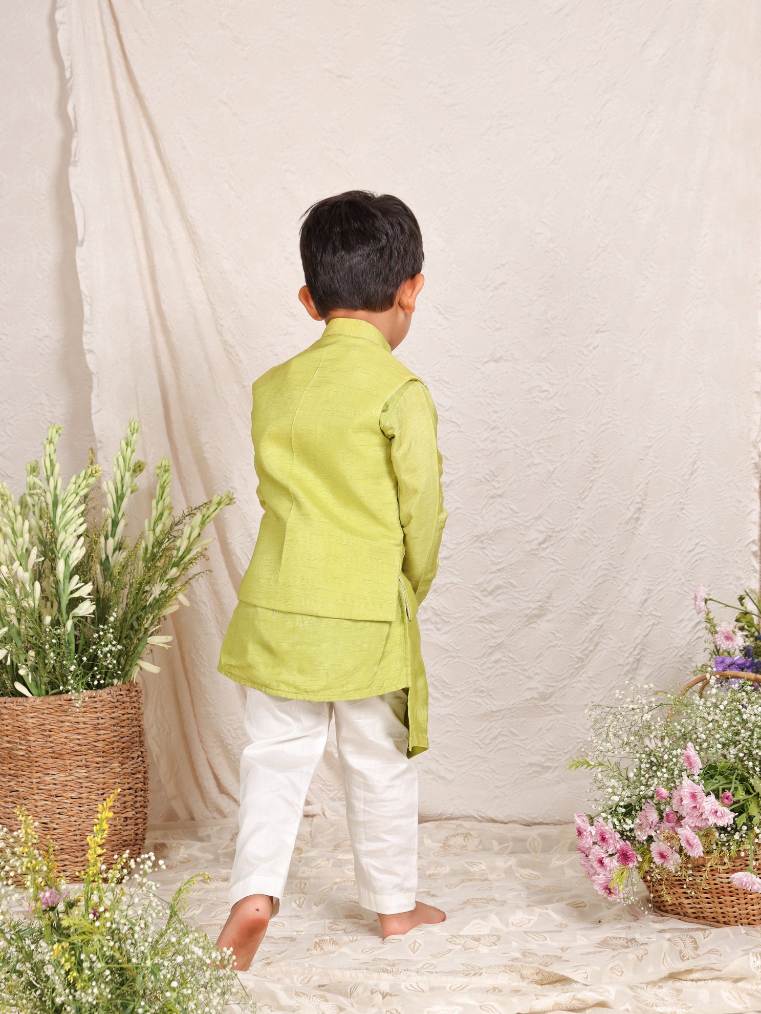 Cord Thread Embroidered Parrot Green Nehru Jacket Set