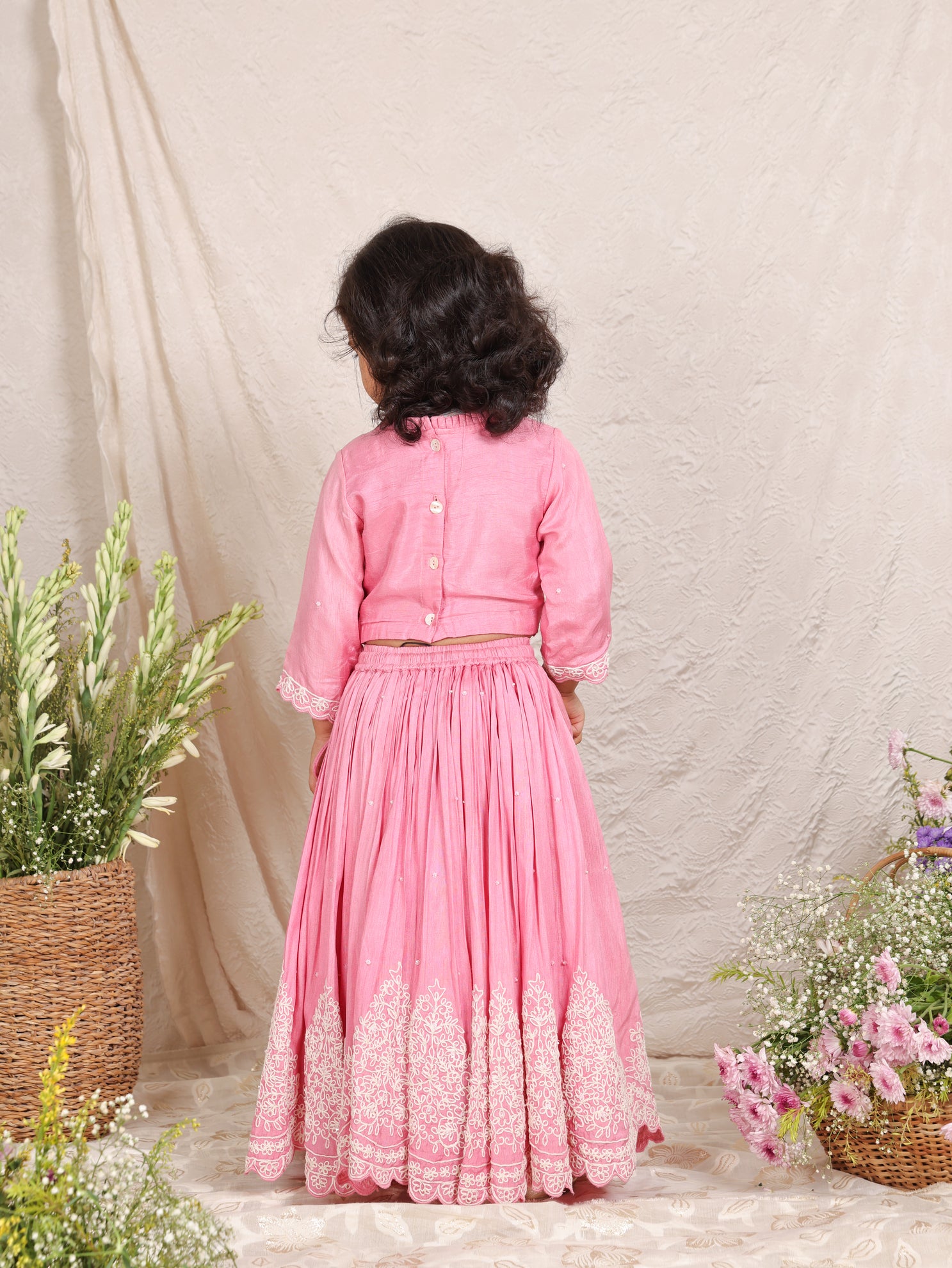 Thread Embroidered Pink Top And Pleated Lehenga