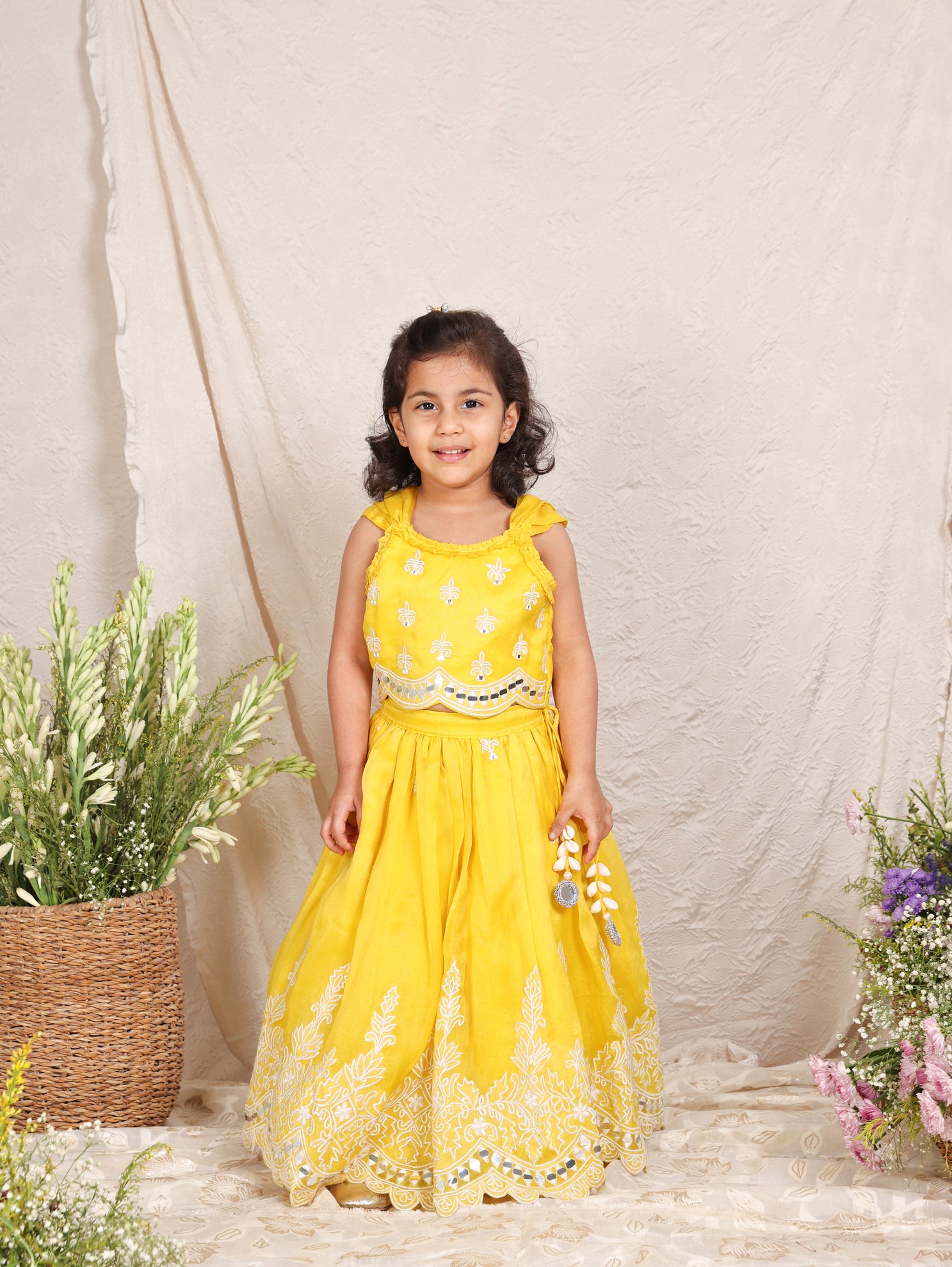 Yellow Organza Thread Work And Mirror Ghagara And Top