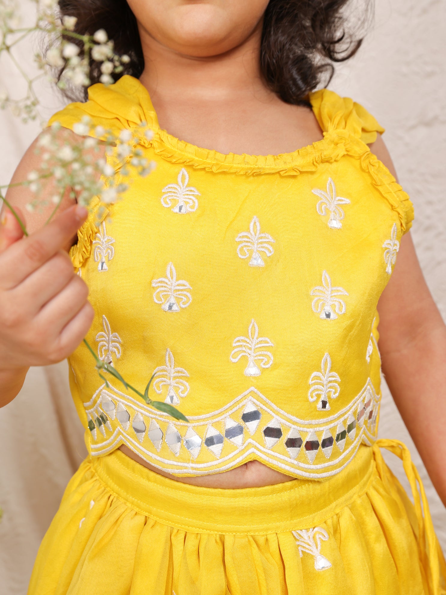 Yellow Organza Thread Work And Mirror Ghagara And Top