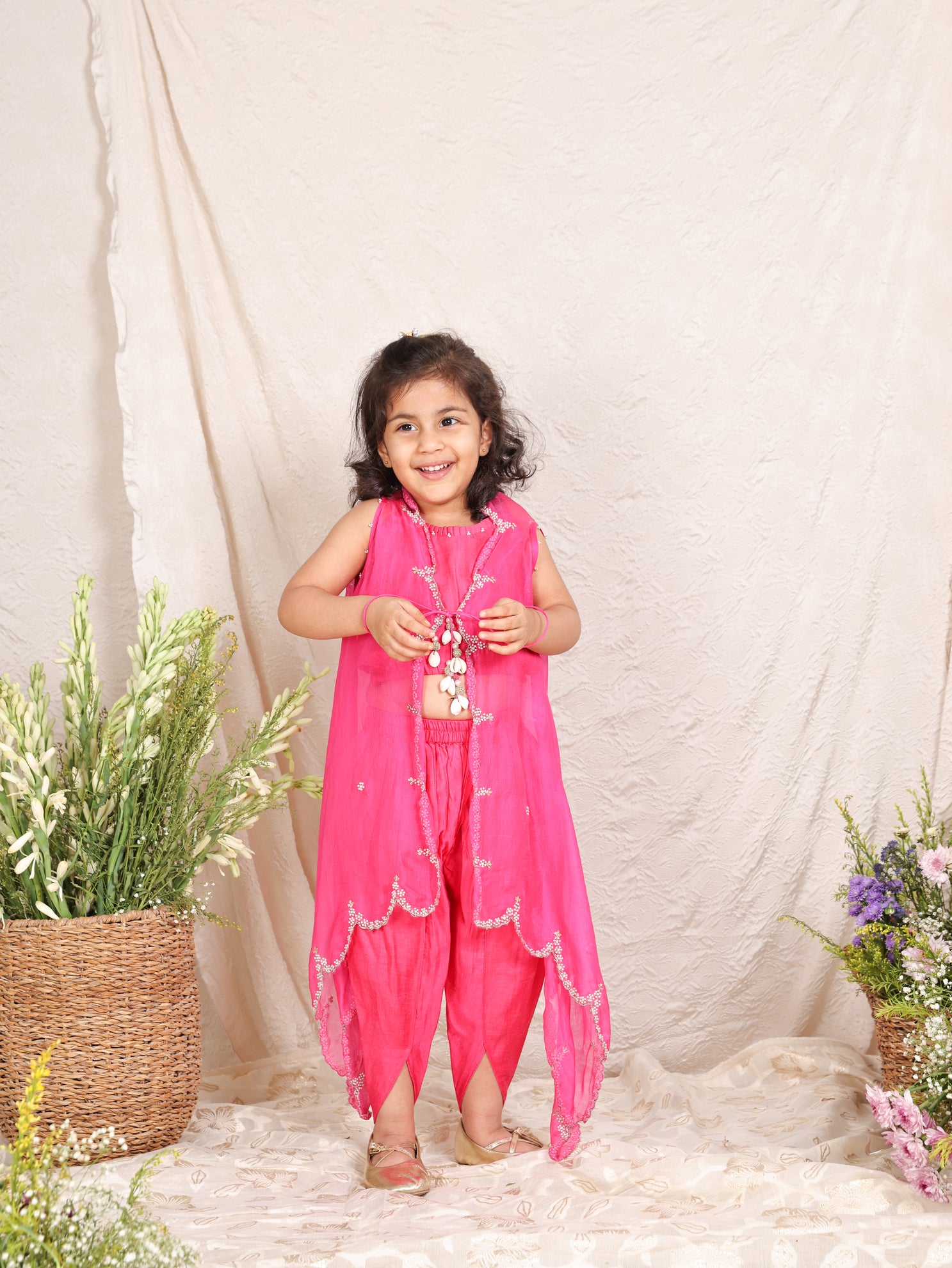 Pearl Embellished Hot Pink Cape Set