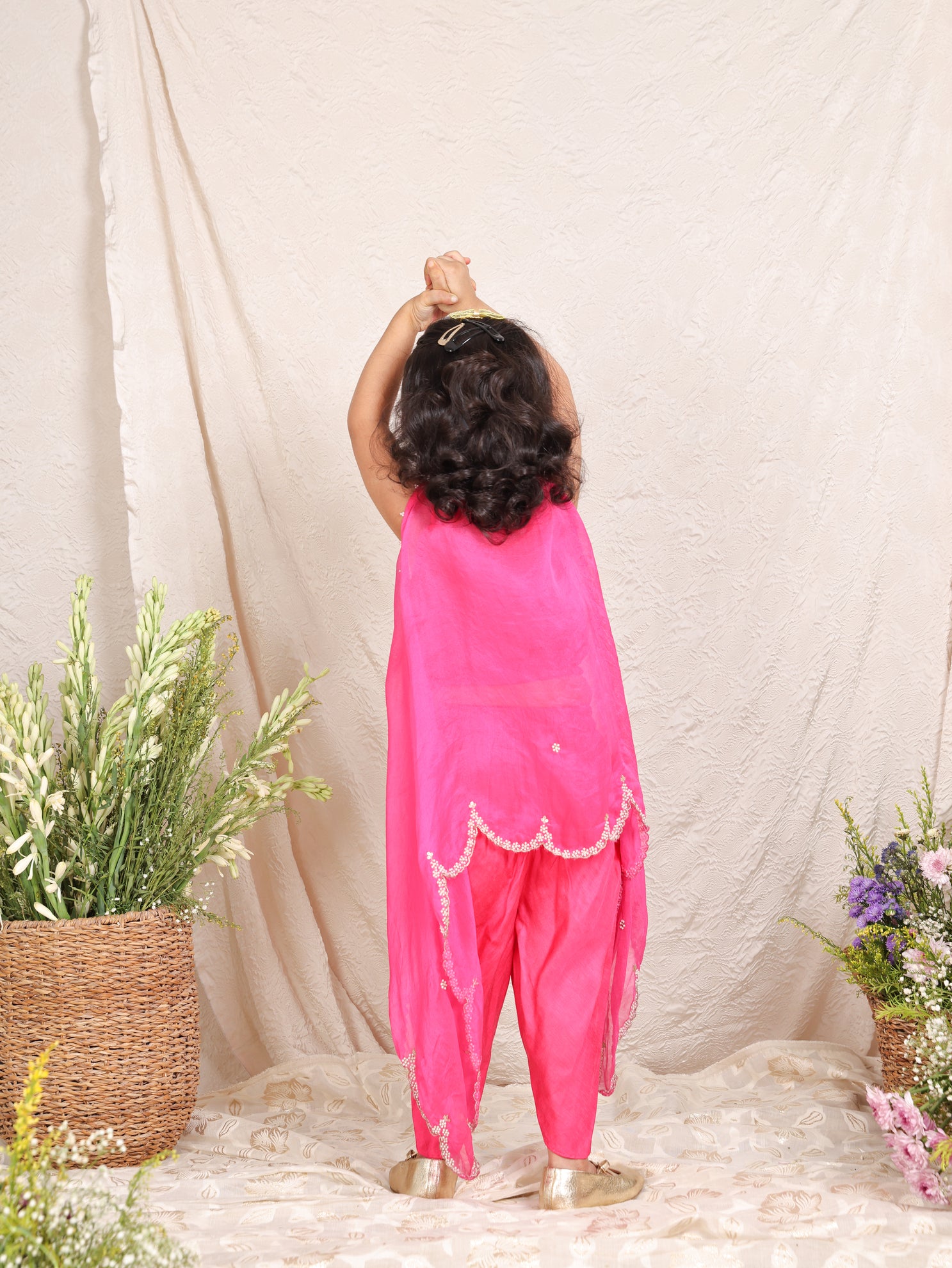 Pearl Embellished Hot Pink Cape Set
