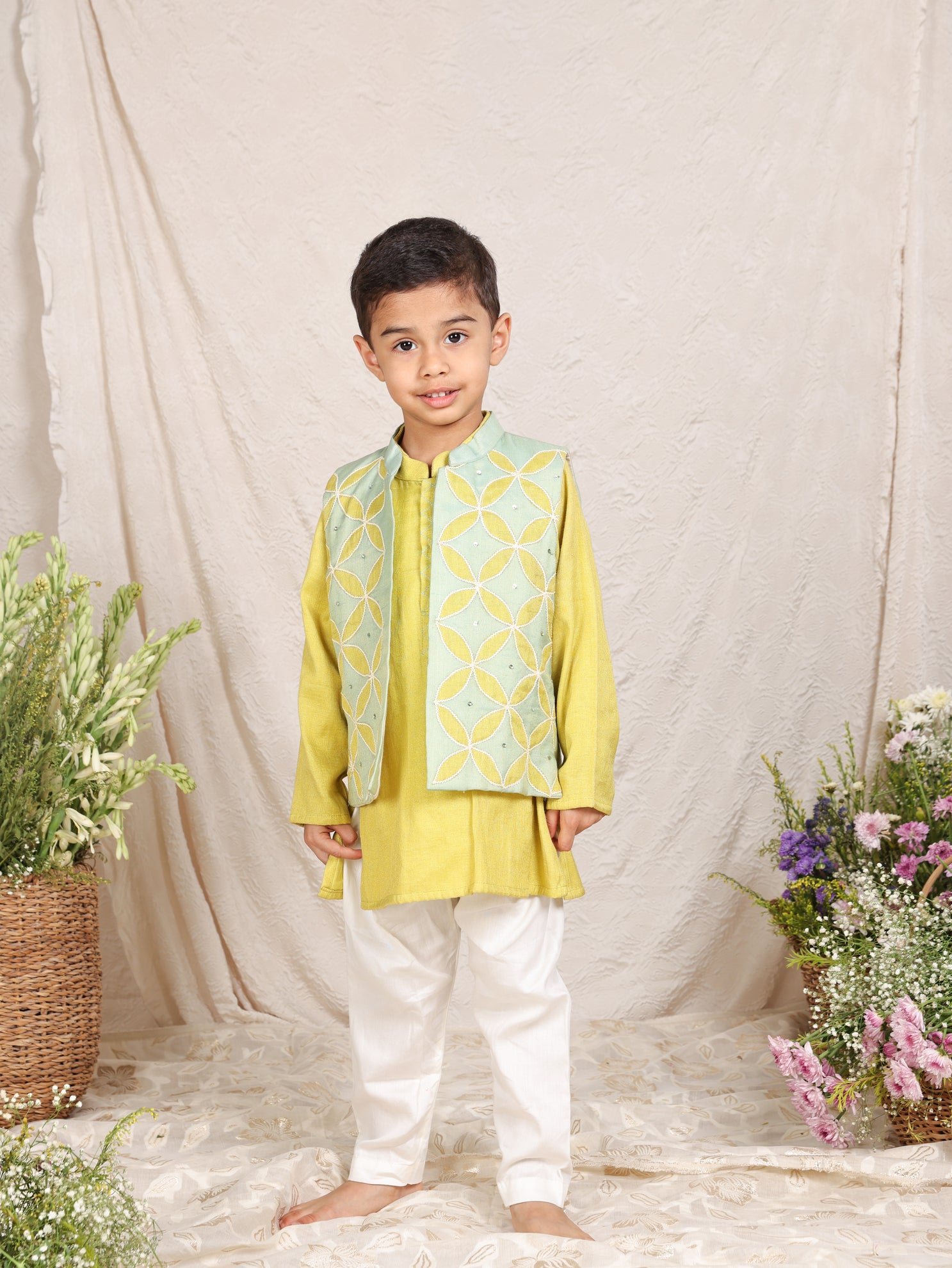 Sea Green Applique Nehru Jacket With Lime Green Kurta and Pant